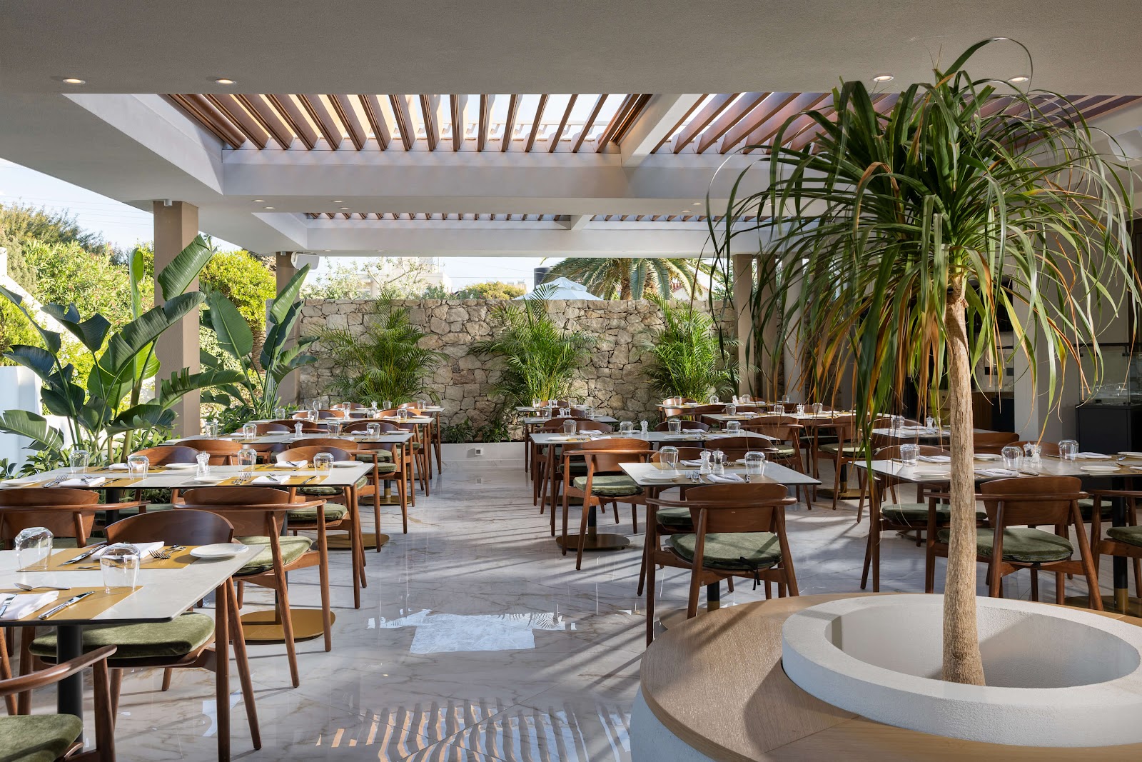 Outdoor dining terrace with wooden tables and chairs under a white pergola, stone wall backdrop, and tropical plants including tall palms.