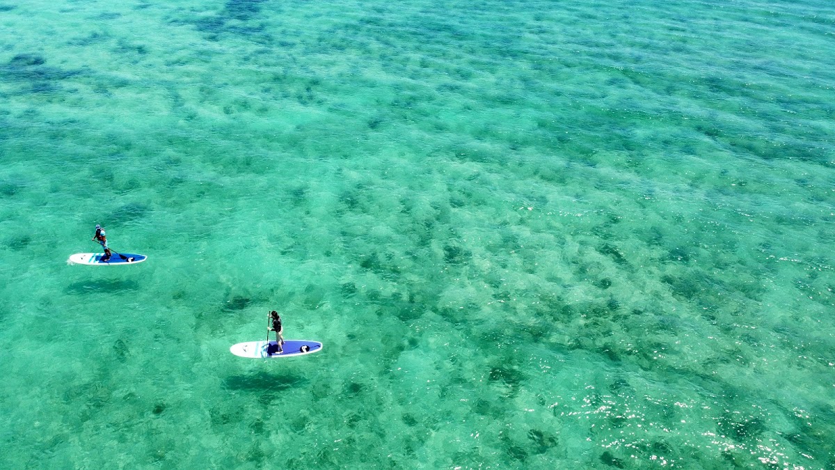 Two paddleboarders in the clear turquoise water at Akumal Bay Beach & Wellness Resort, with sandy bottom visible below.