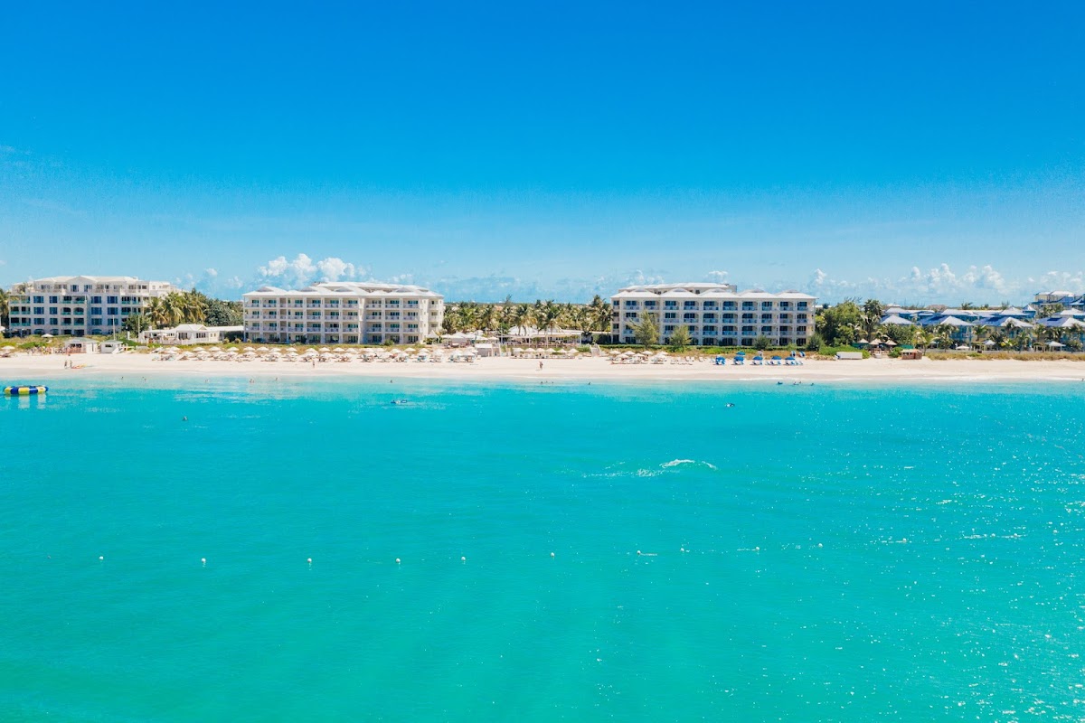 Alexandra Resort beachfront with turquoise water, sandy beach, palm trees, and multi-story blue and white buildings under clear sky.