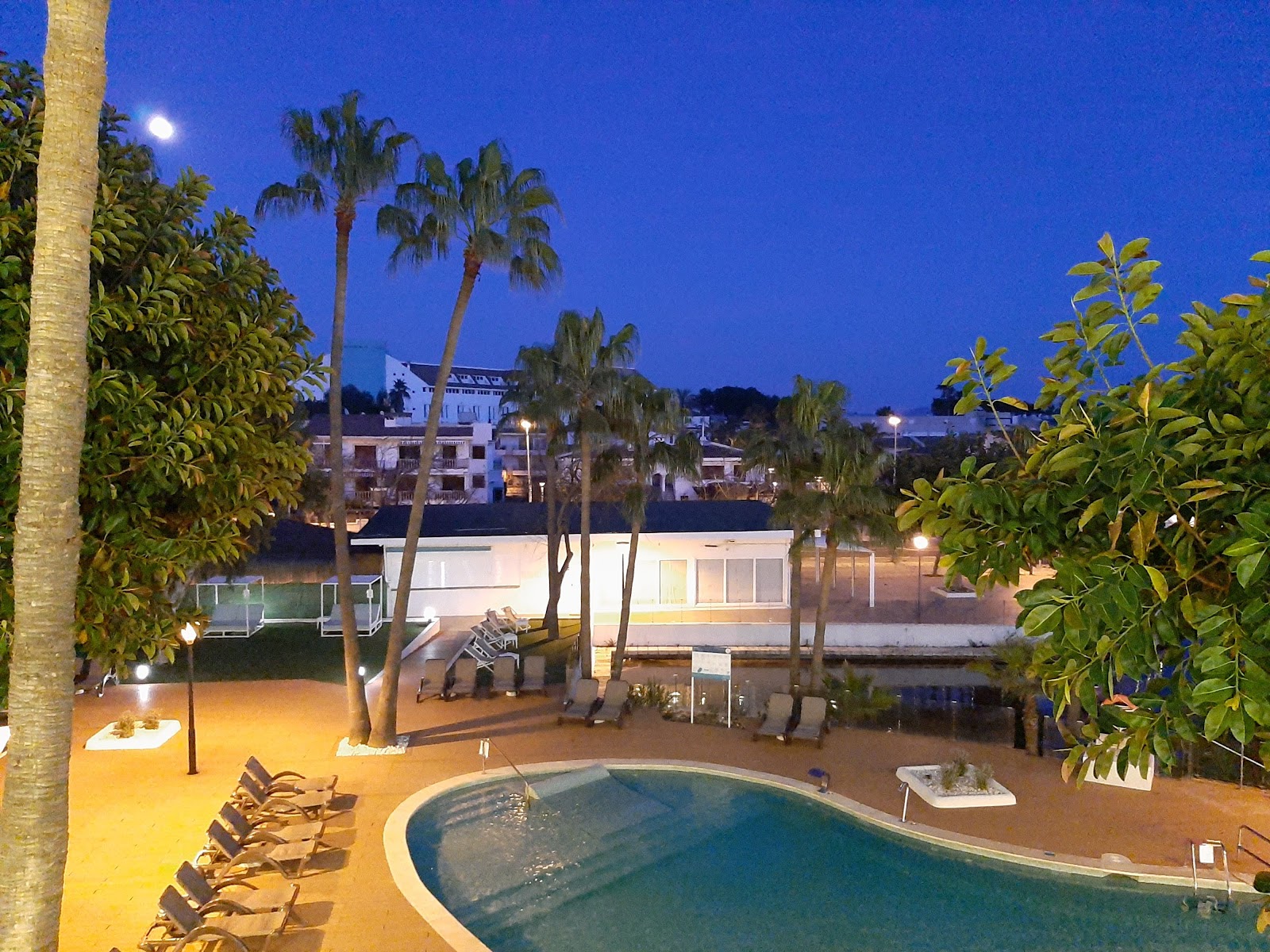 Curved pool with lounge chairs on lit terrace surrounded by palm trees and vegetation at dusk, resort buildings visible beyond.