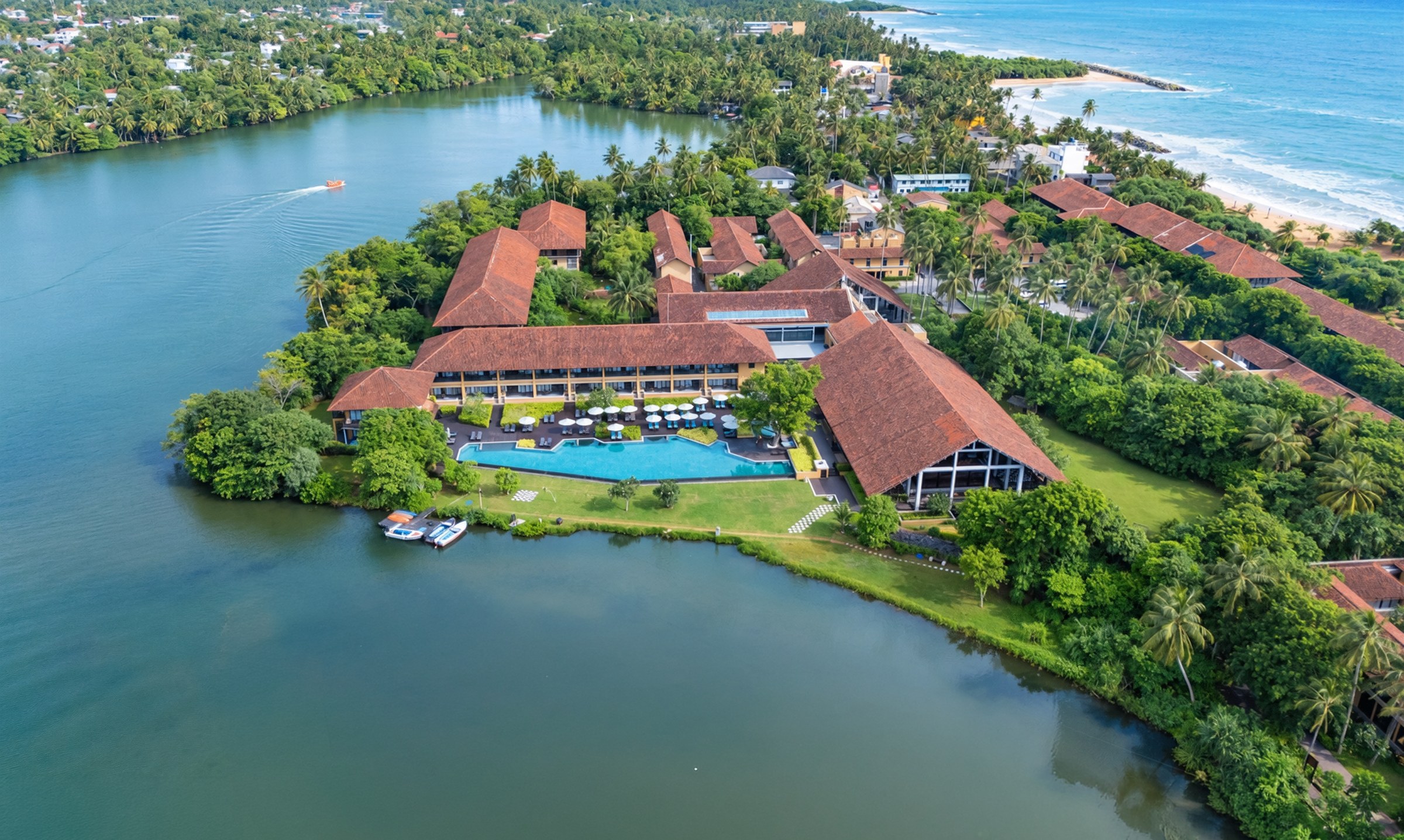 Aerial view of the resort, lagoon and ocean