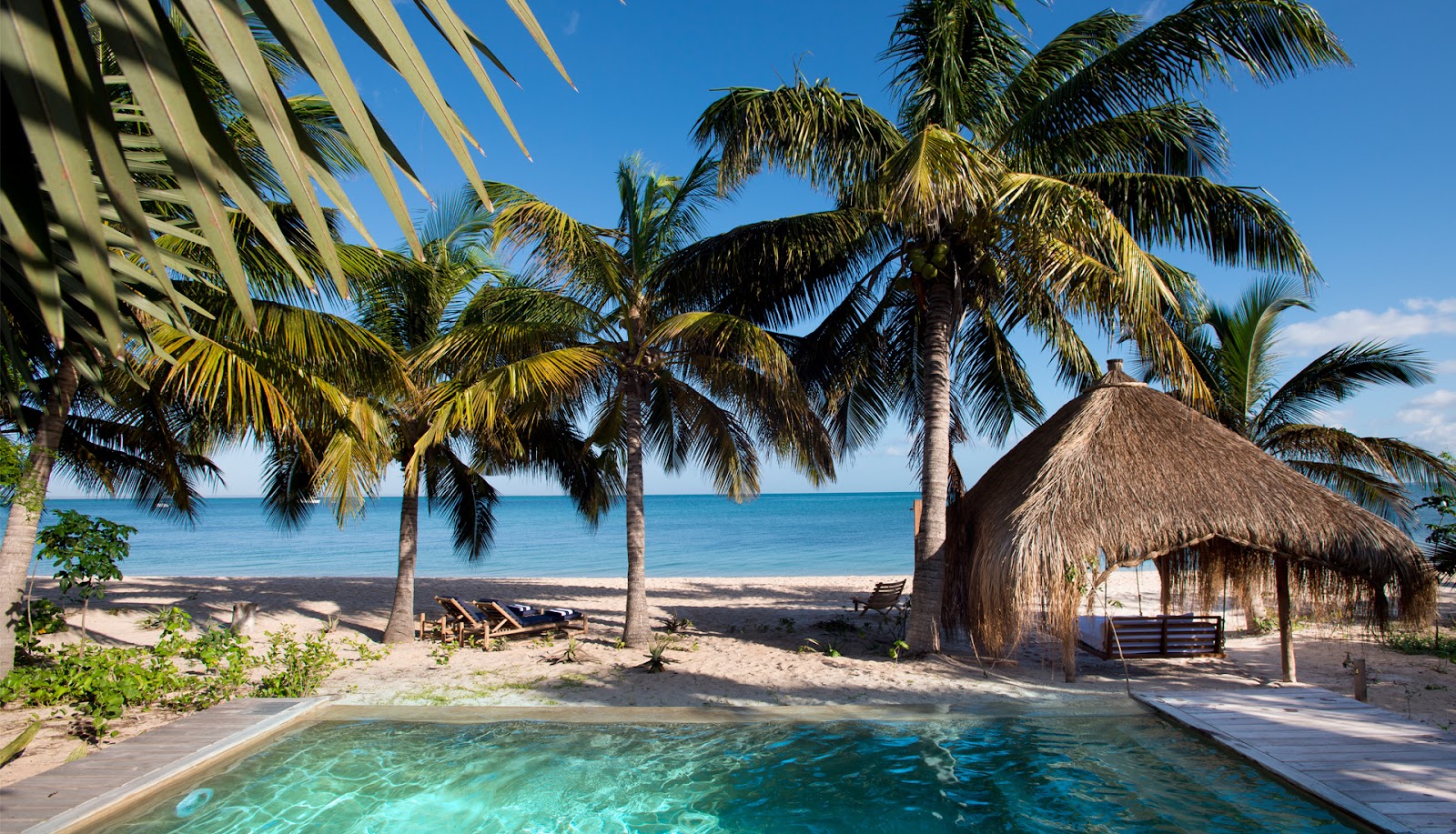 Pool with turquoise water overlooking a sandy beach, palm trees, and a thatched-roof shelter at andBeyond Benguerra Island.