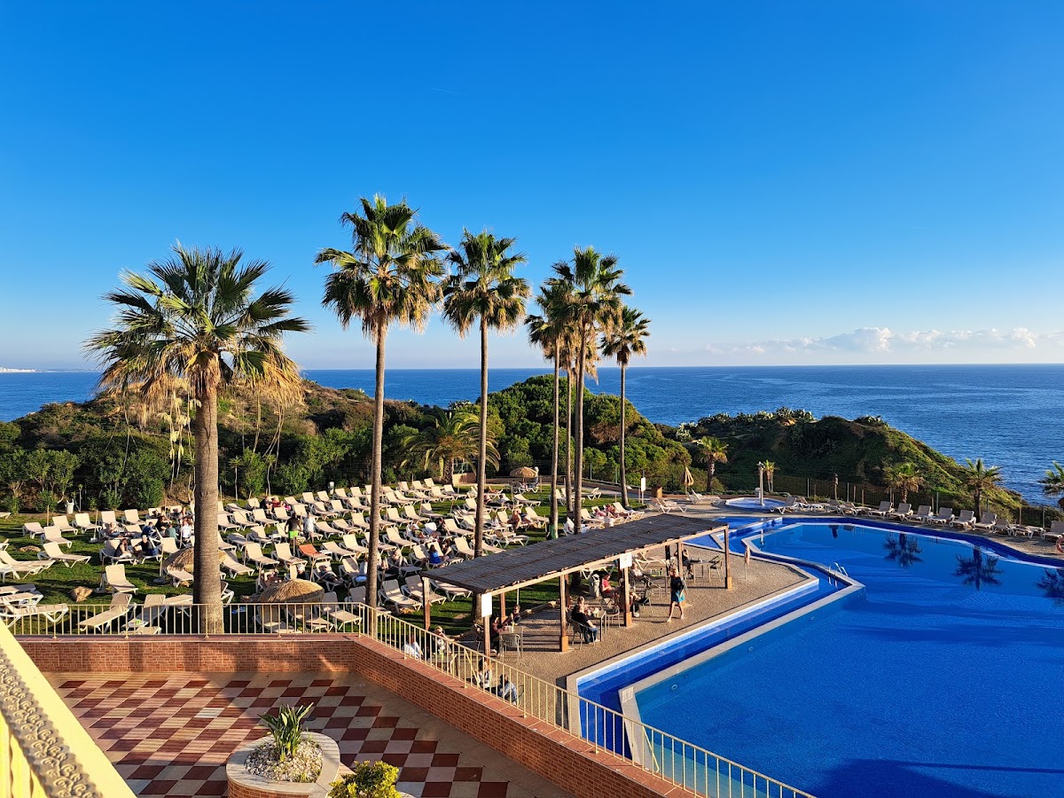 Blue pool and palm-lined sunbathing area at Auramar resort overlooking the Mediterranean Sea and coastal cliffs.