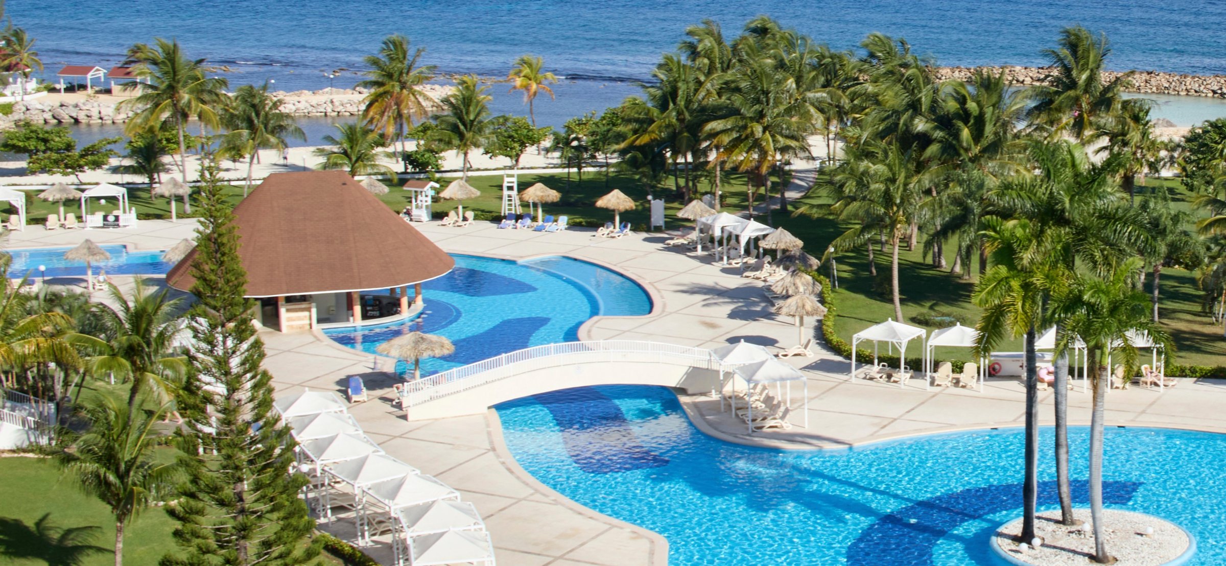 Aerial view of the pool complex, swim-up bar and beach