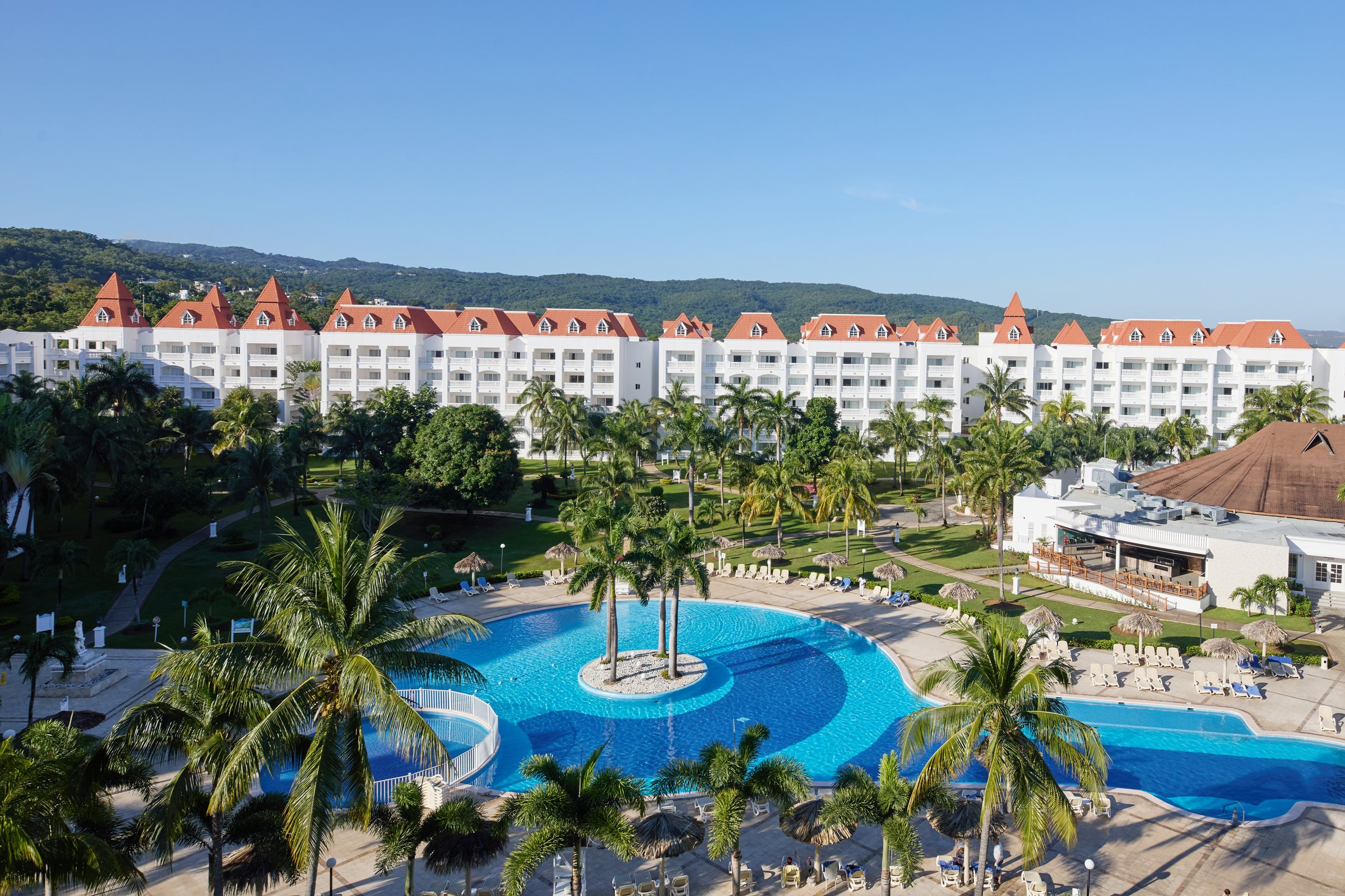 Elevated view of the pool island and main guest building
