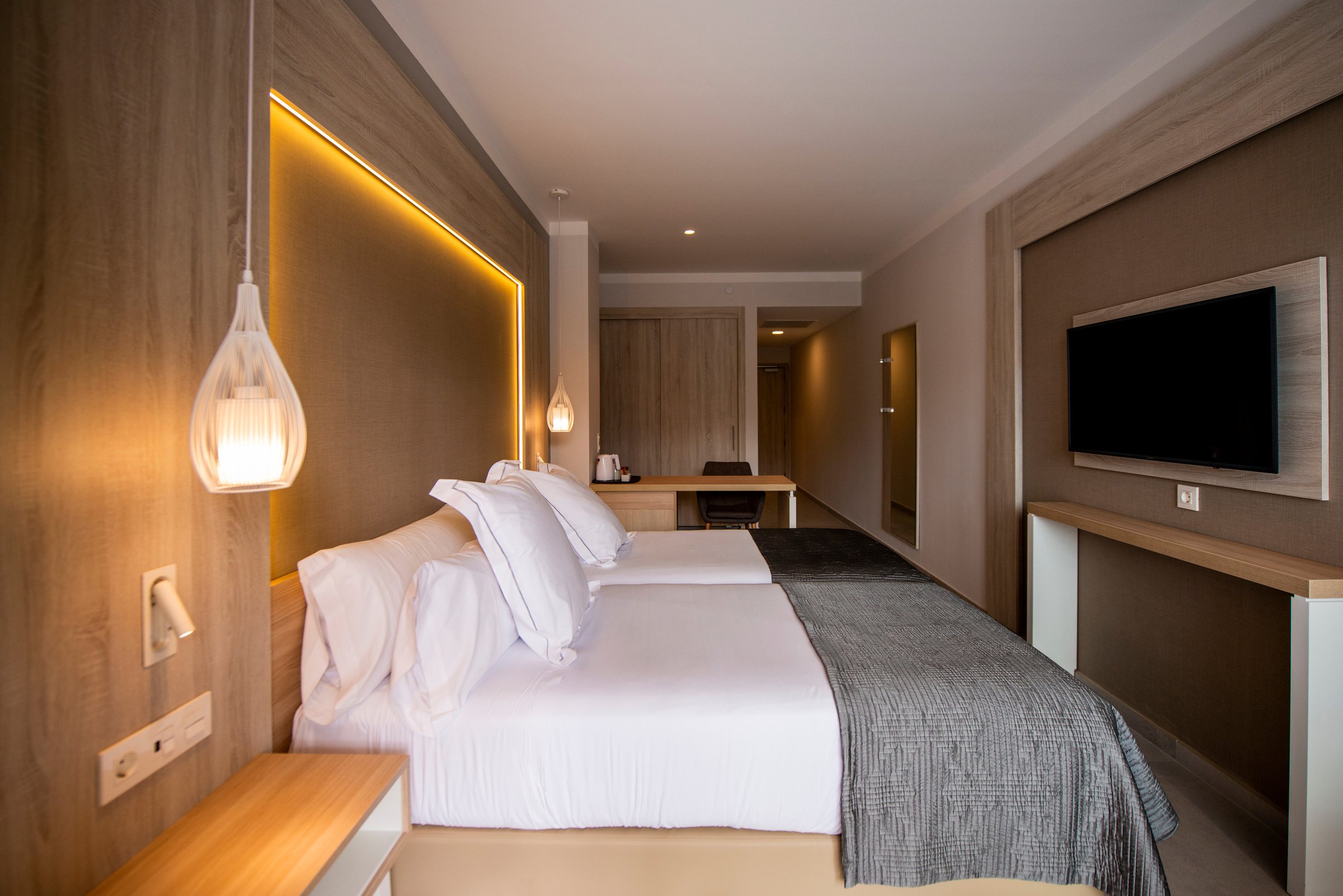 Double room with twin beds and wood-panel headboard