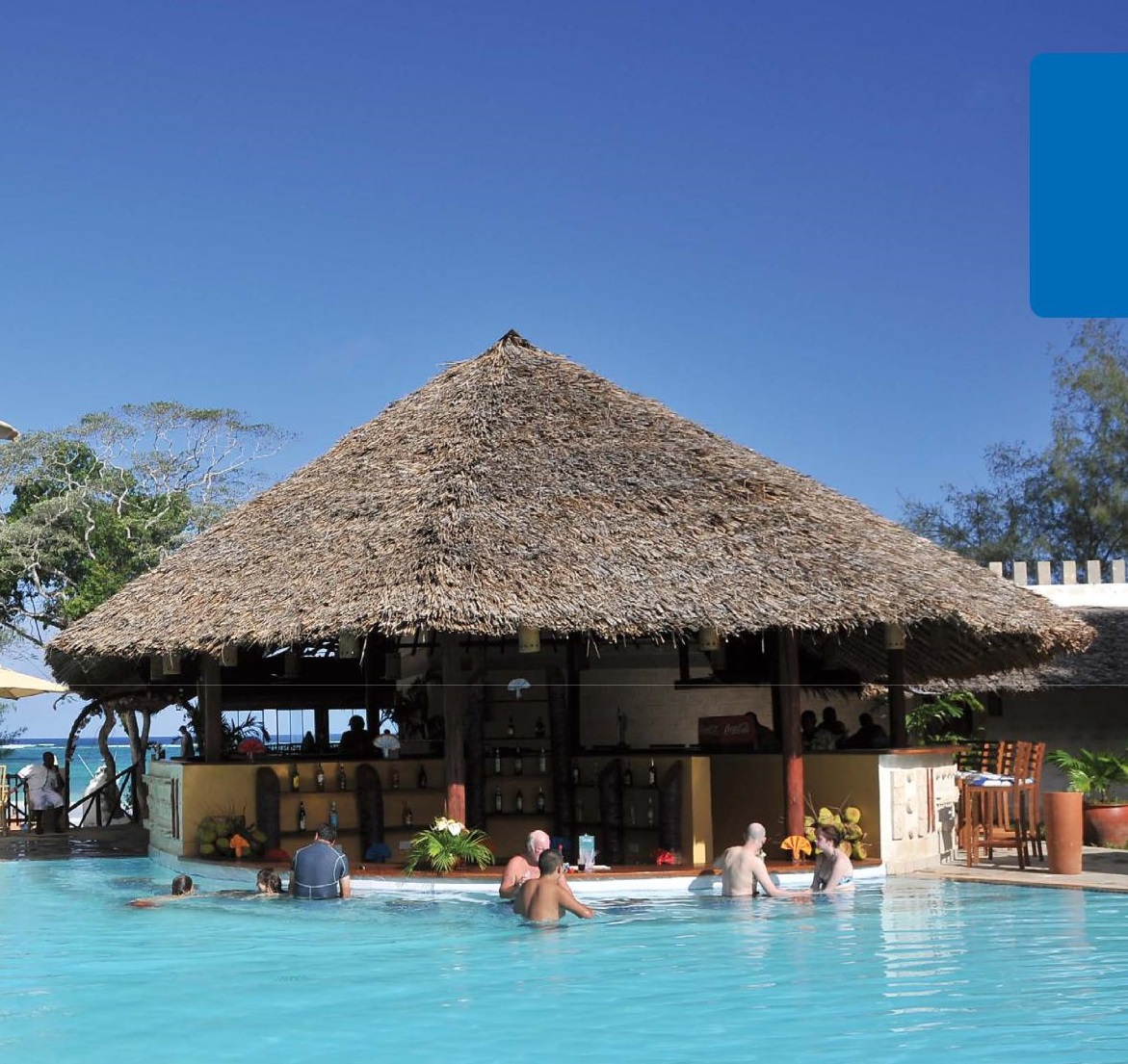 Thatched-roof bar with turquoise pool and guests swimming in front, ocean visible beyond at Baobab Beach Resort & Spa.