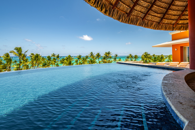 Infinity pool overlooking palm trees and turquoise ocean at Barceló Bávaro Palace, with thatched roof and orange building visible.