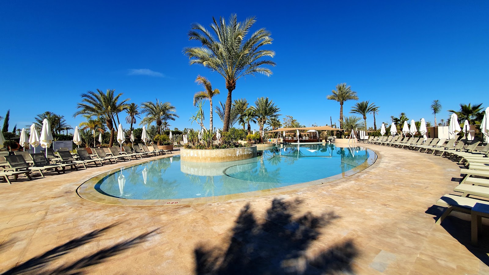 Curved pool with blue water surrounded by loungers and white umbrellas, palm trees, and a thatched-roof bar under clear sky at Be Live Collection Marrakech Adults Only.