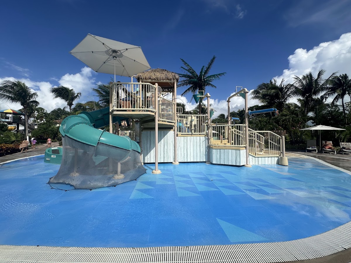 White and turquoise children's water play structure with tube slide and climbing towers over blue shallow pool surrounded by palm trees under clear sky.