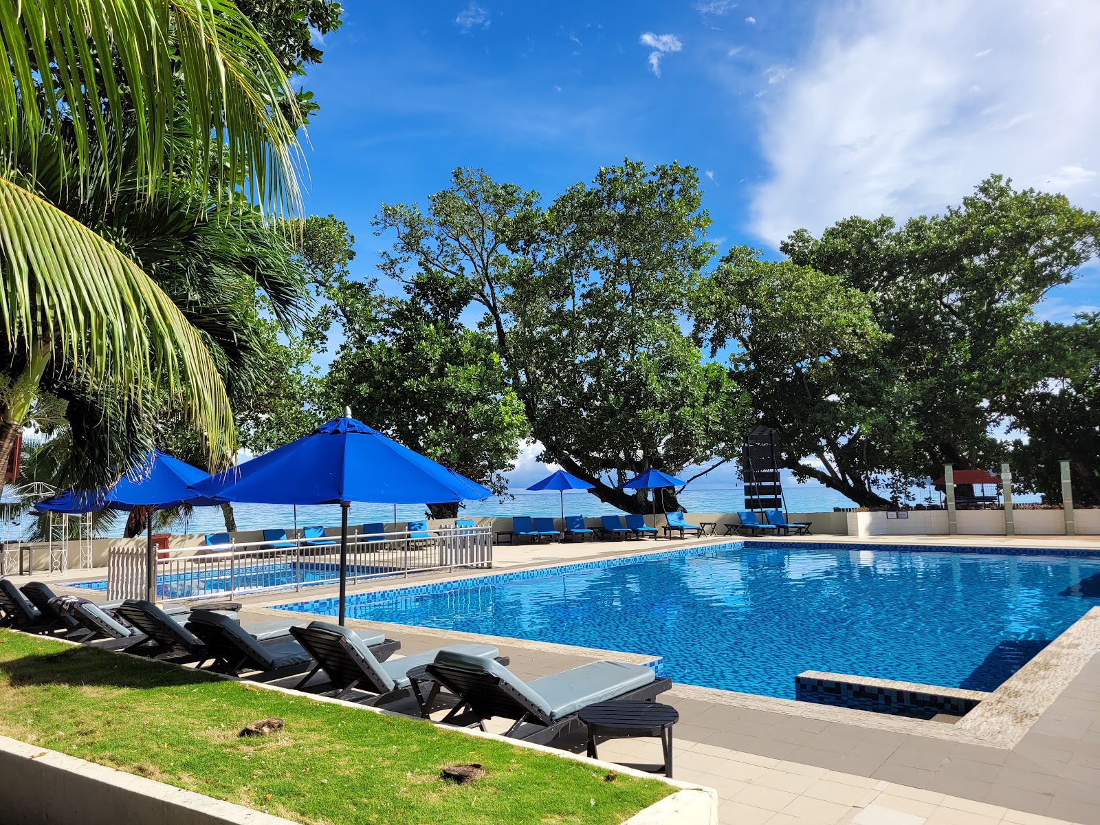 Resort pool with blue umbrellas and loungers, ocean view beyond white railing, palm and shade trees, clear sky.