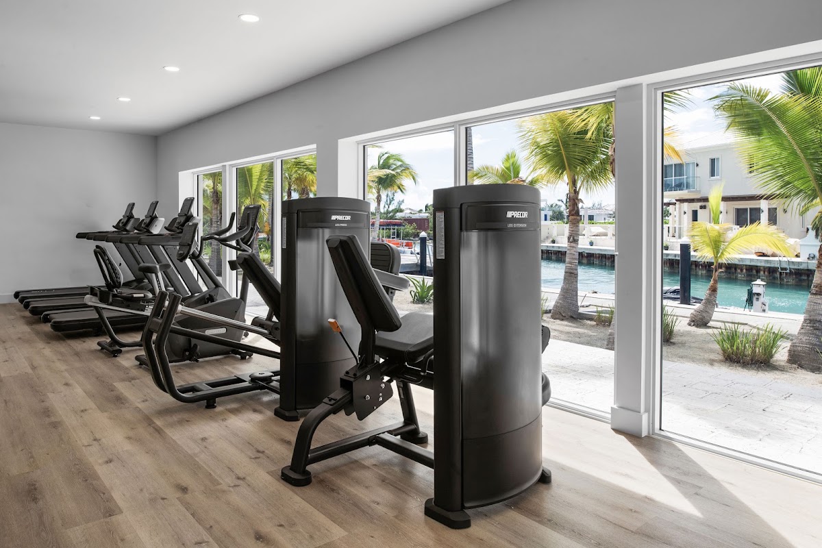 Fitness center with black exercise equipment and large windows overlooking a pool, beach, and palm trees at Blue Haven Resort.
