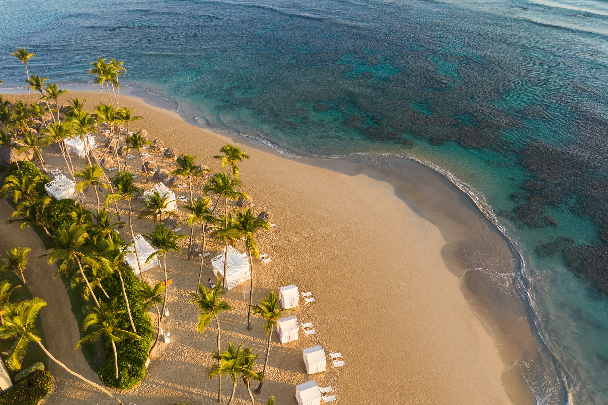 Top-down aerial of the crescent beach lined with palms, white loungers and square umbrellas beside clear turquoise water.