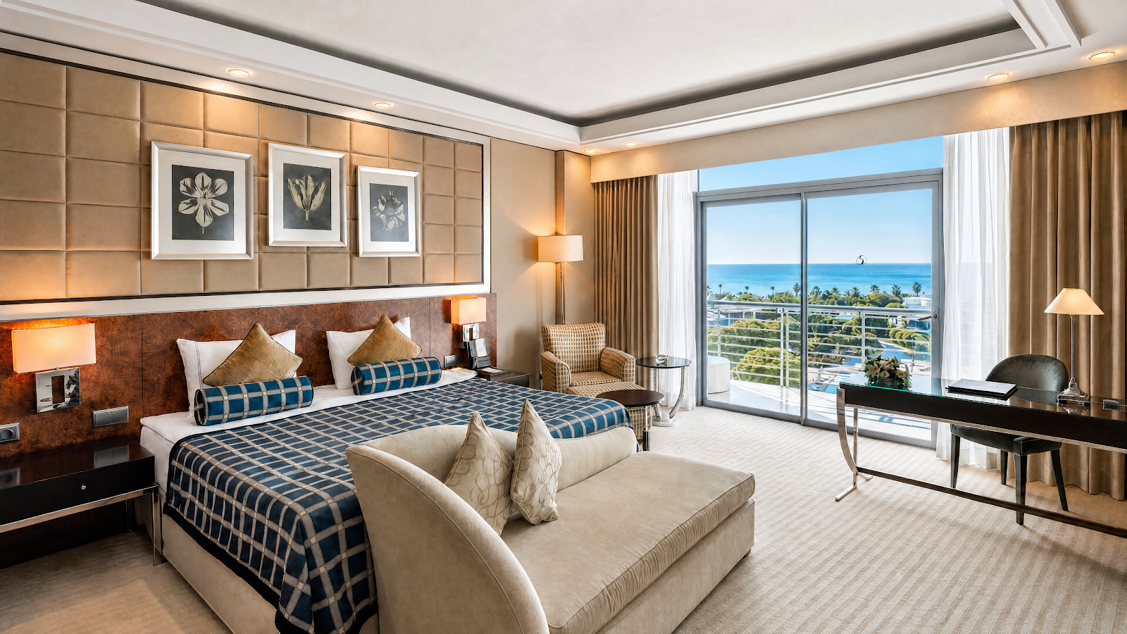 Resort bedroom with queen bed, tan upholstered headboard with recessed lighting, gold and olive accent pillows, dark wood paneling, and nightstands.