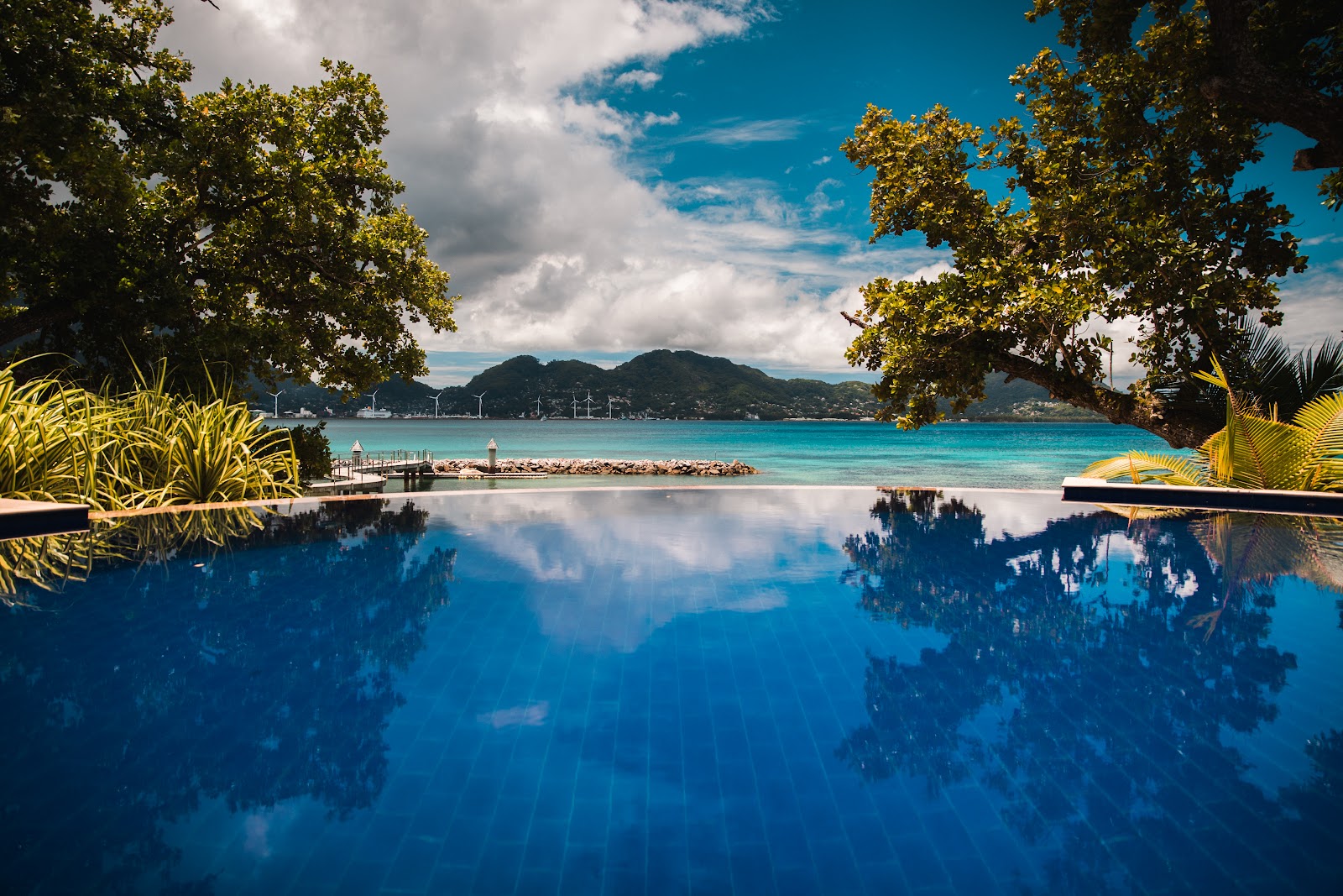 Infinity pool with turquoise ocean and forested mountains beyond, framed by tropical palms and a wooden pier extending into the bay.