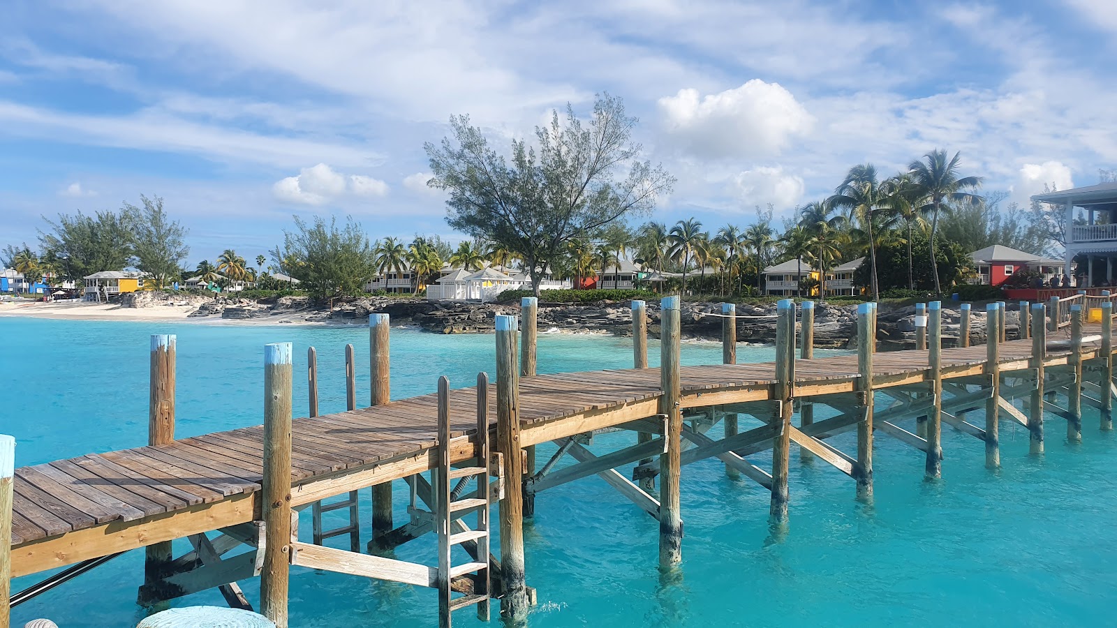 Wooden dock extending into turquoise water with palm trees and beachfront buildings visible across the bay at Club Med Columbus Isle.