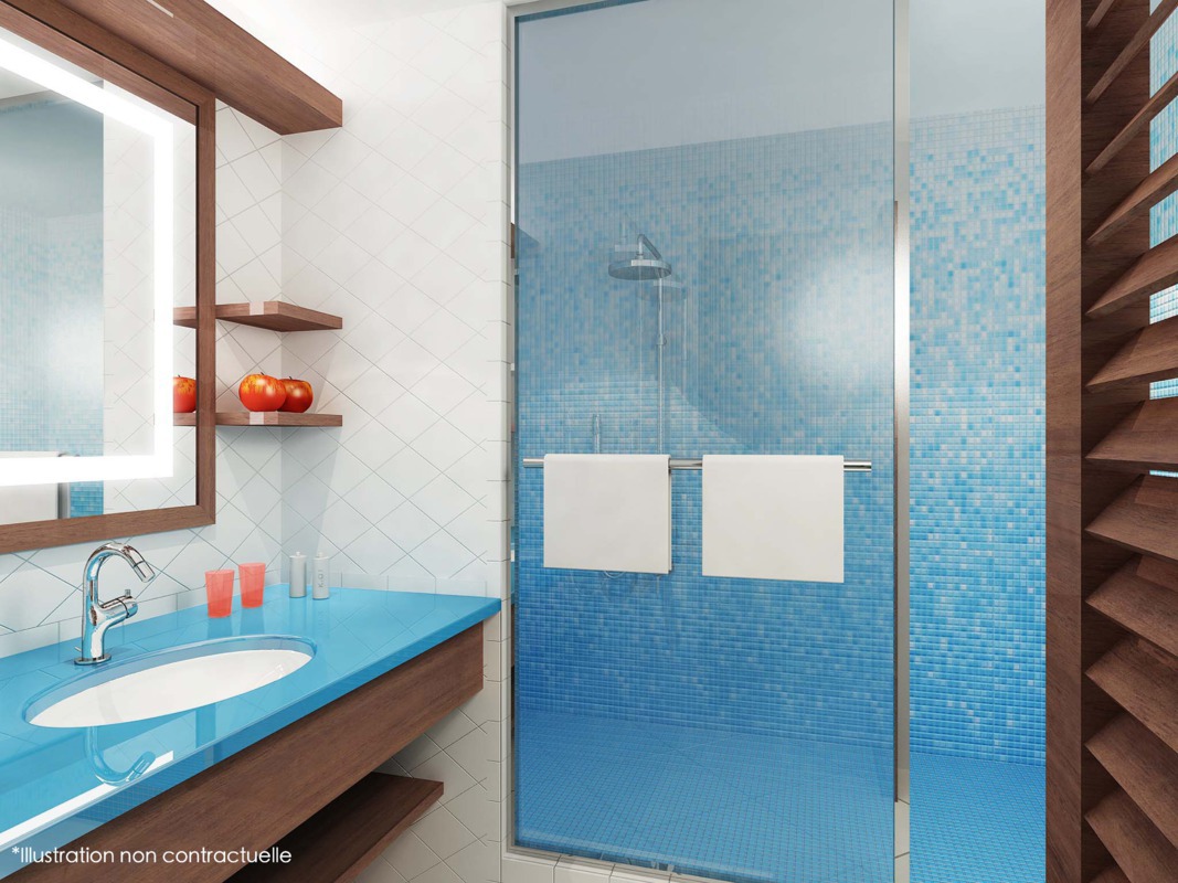 Modern bathroom with blue tile shower, turquoise countertop sink, wooden shelving with oranges, and white subway tile walls.