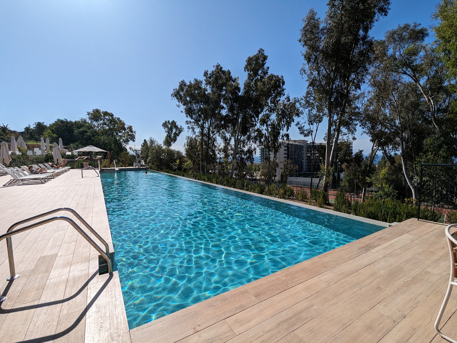 Resort swimming pool with clear turquoise water, wooden deck, loungers, and tall eucalyptus trees under blue sky at Club Med Magna Marbella.