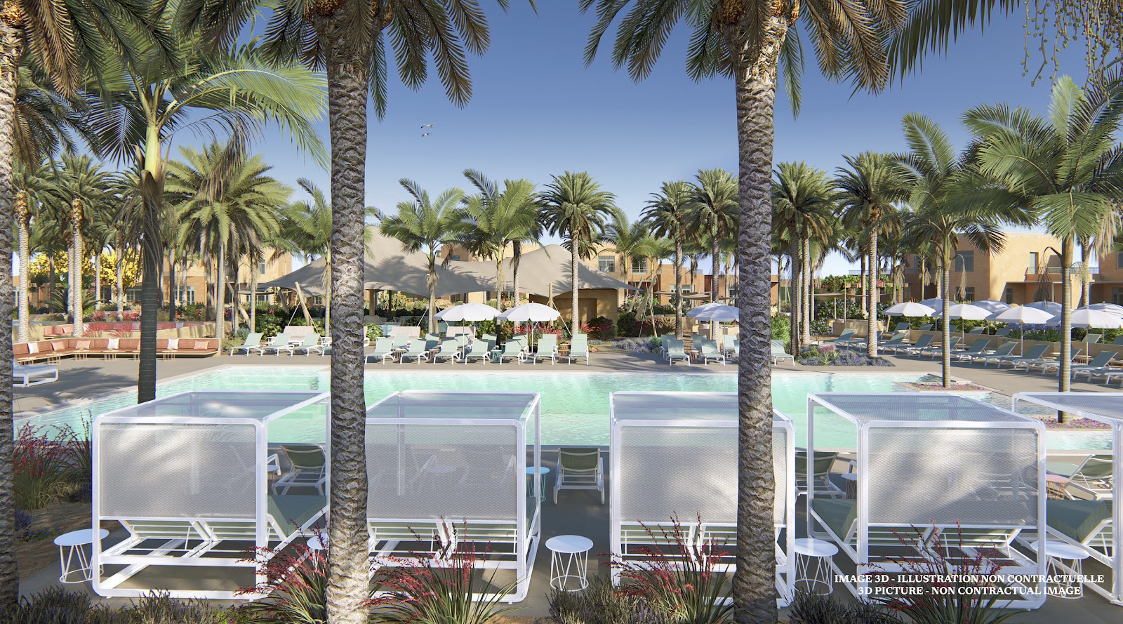Resort pool with red loungers and umbrellas set against tall green hedges under overcast sky.