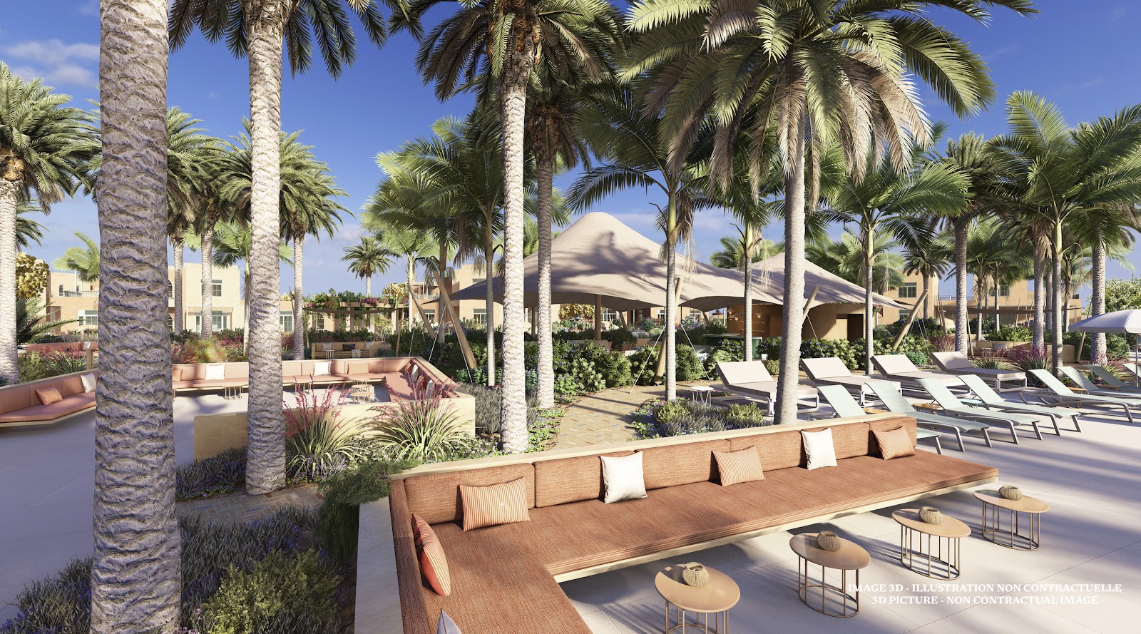 Bright blue rectangular pool lined with palm trees and lounge chairs at dusk, with resort buildings and landscape lighting visible in the background.