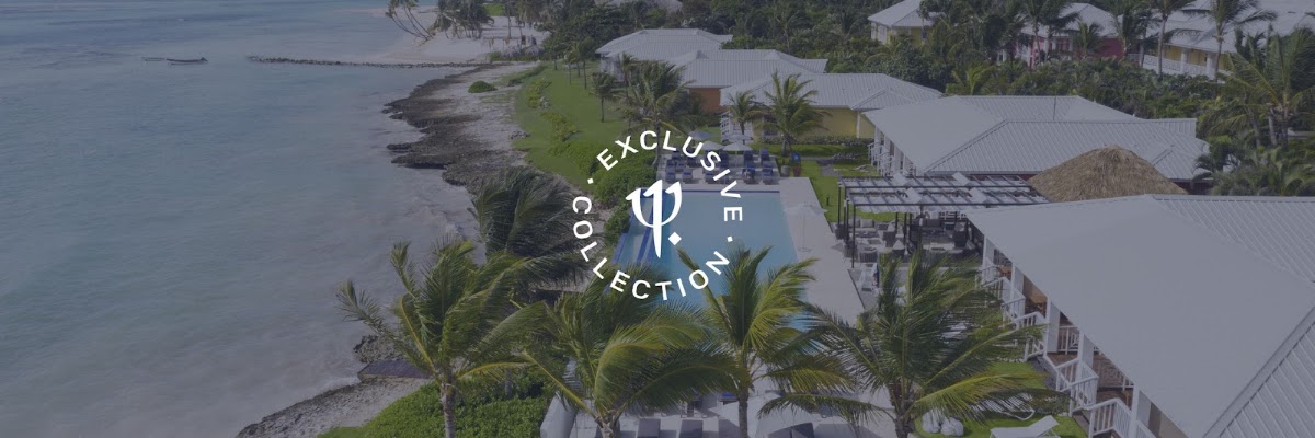 Aerial view of Club Med Punta Cana beachfront with white-roofed bungalows, palm trees, and Caribbean shoreline.
