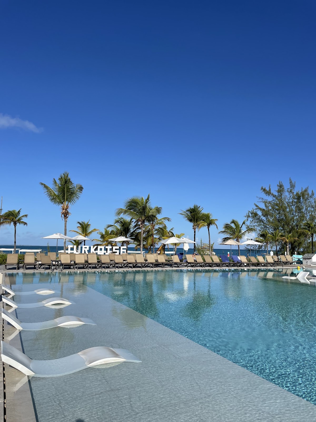 Club Med Turkoise's pool area with white loungers, white umbrellas, palm trees, and turquoise water under clear blue sky.
