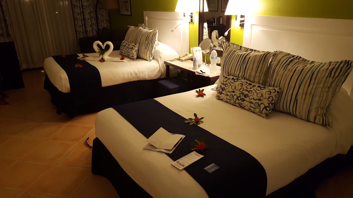 Resort suite with black and white bedding, striped pillows, towel swans, red flowers on beds, sitting area with sofa, and lime green accent walls.