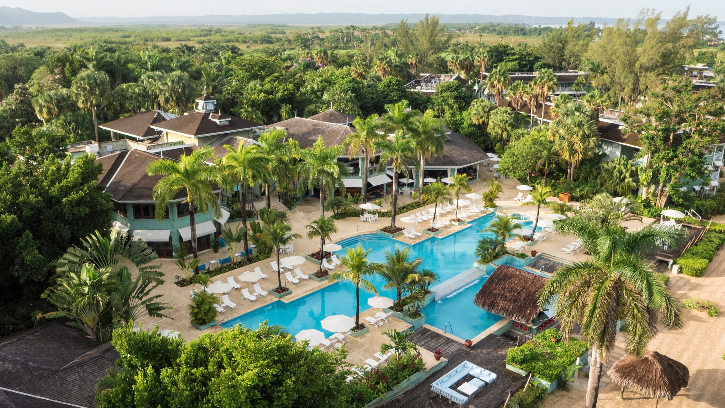 Aerial view of the resort and pool