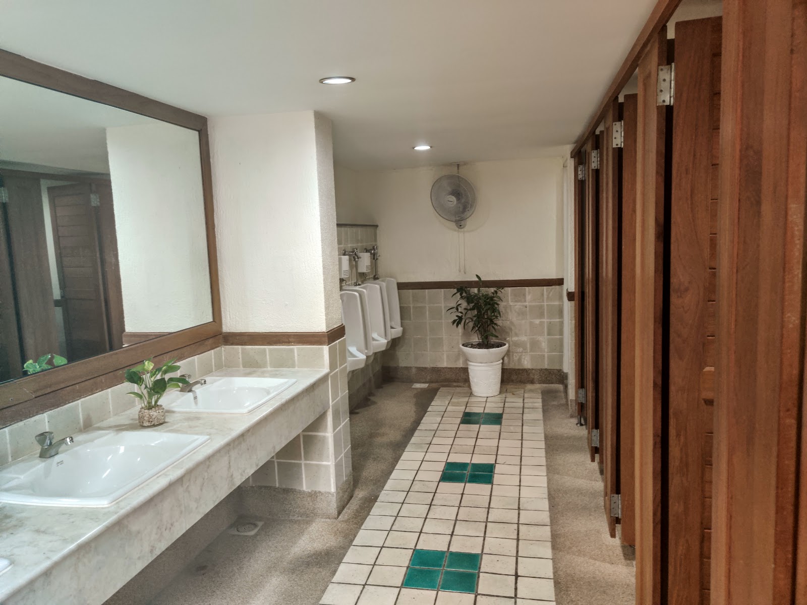 Resort bathroom with dual sinks, large mirror, tiled floor with green accents, potted plant, and wooden locker doors on right.