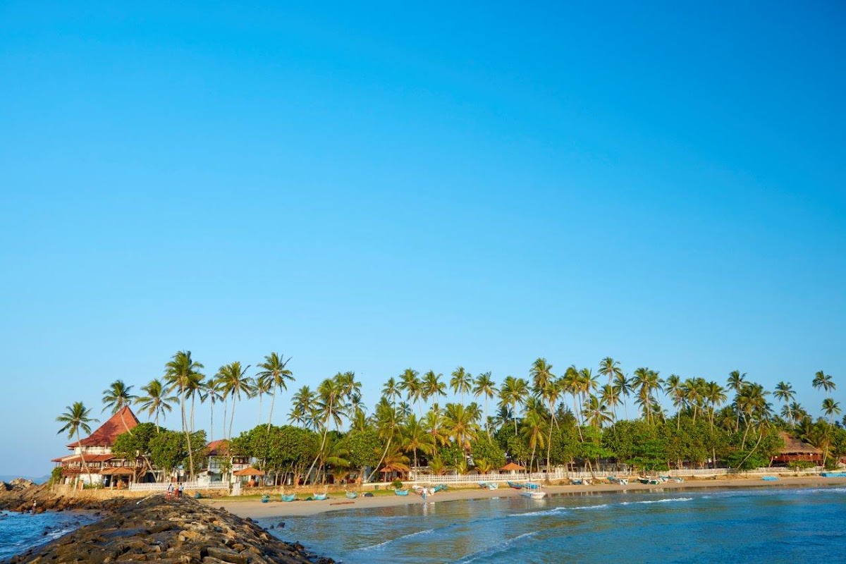 Dickwella Resort and Spa sits on a sandy beach lined with palm trees, with a red-roofed main building and rocky shoreline under clear blue sky.