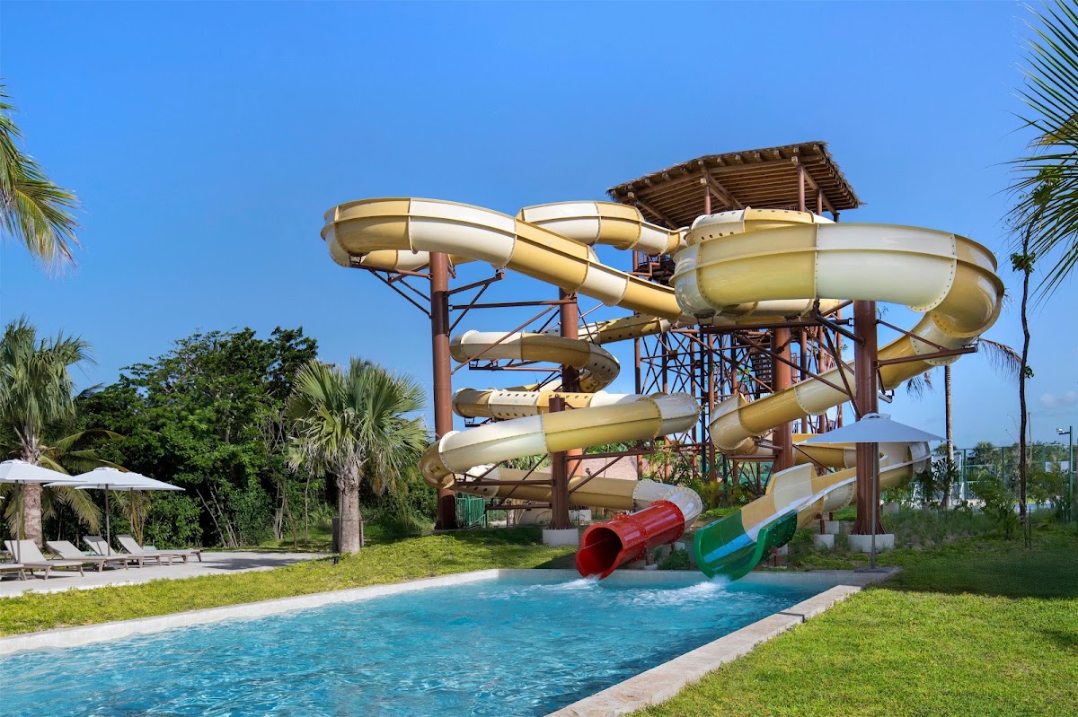 Water slides in tan and white spiral down a wooden tower into a blue pool, with palm trees and green lawn surrounding the area.