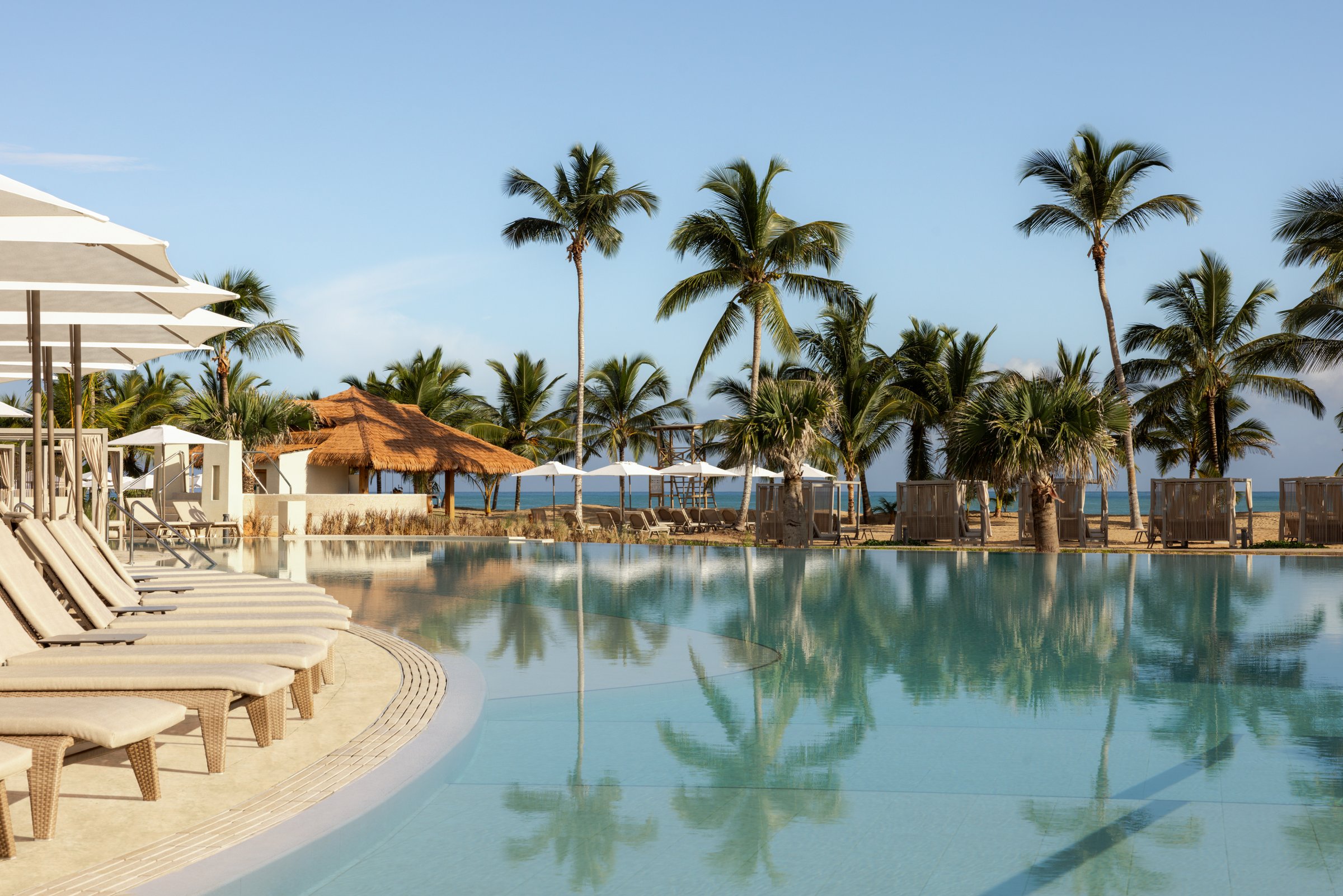 Infinity pool reflecting palms, with loungers, a thatched pavilion and the beach beyond.