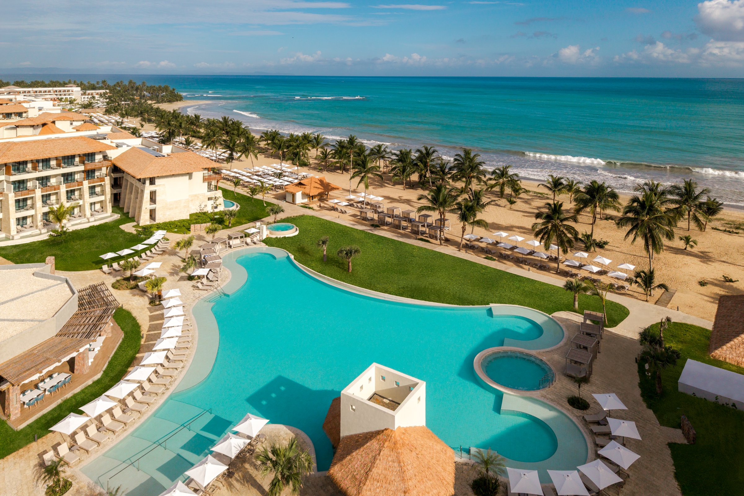 Aerial of the winding infinity pool with loungers, lawn, palms and the surf beyond.