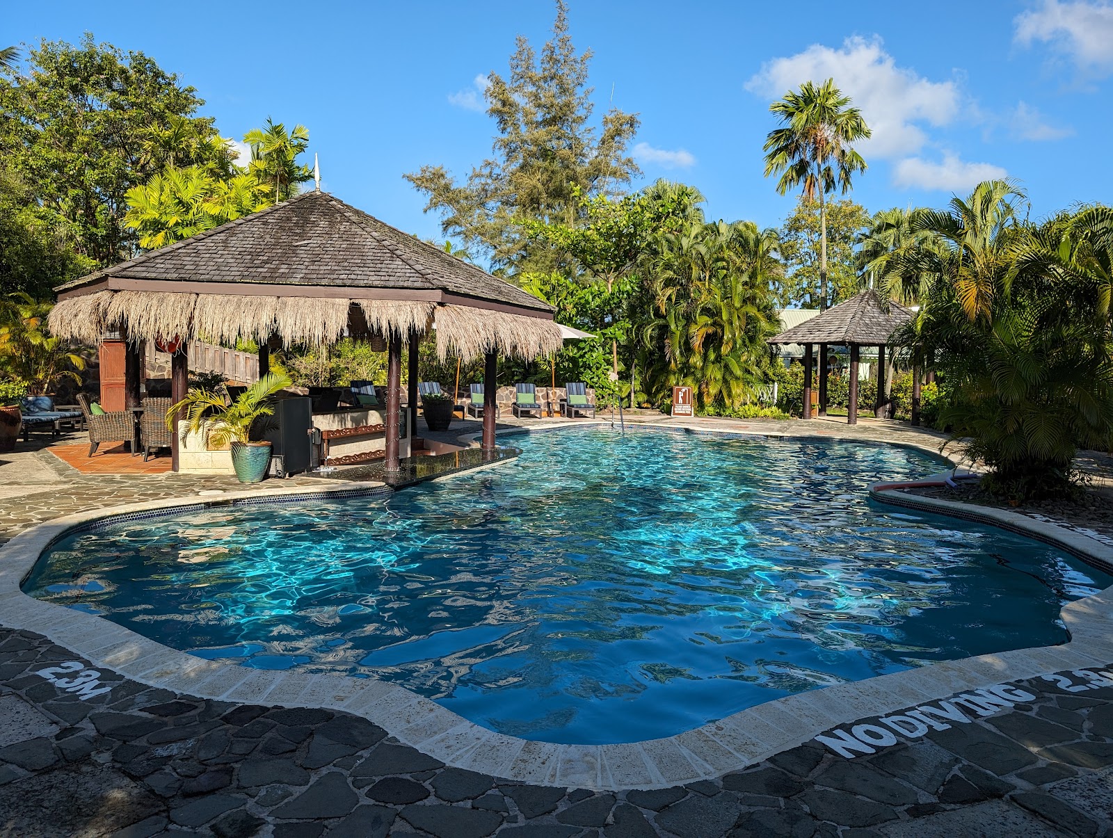 East Winds resort pool with thatched-roof bar pavilion, palm trees, and gazebo under clear blue sky.