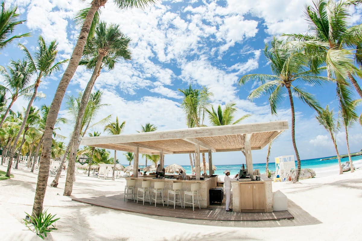 Beachfront bar with wooden pergola shelters guests among tall palm trees, turquoise ocean and white sand visible beyond.