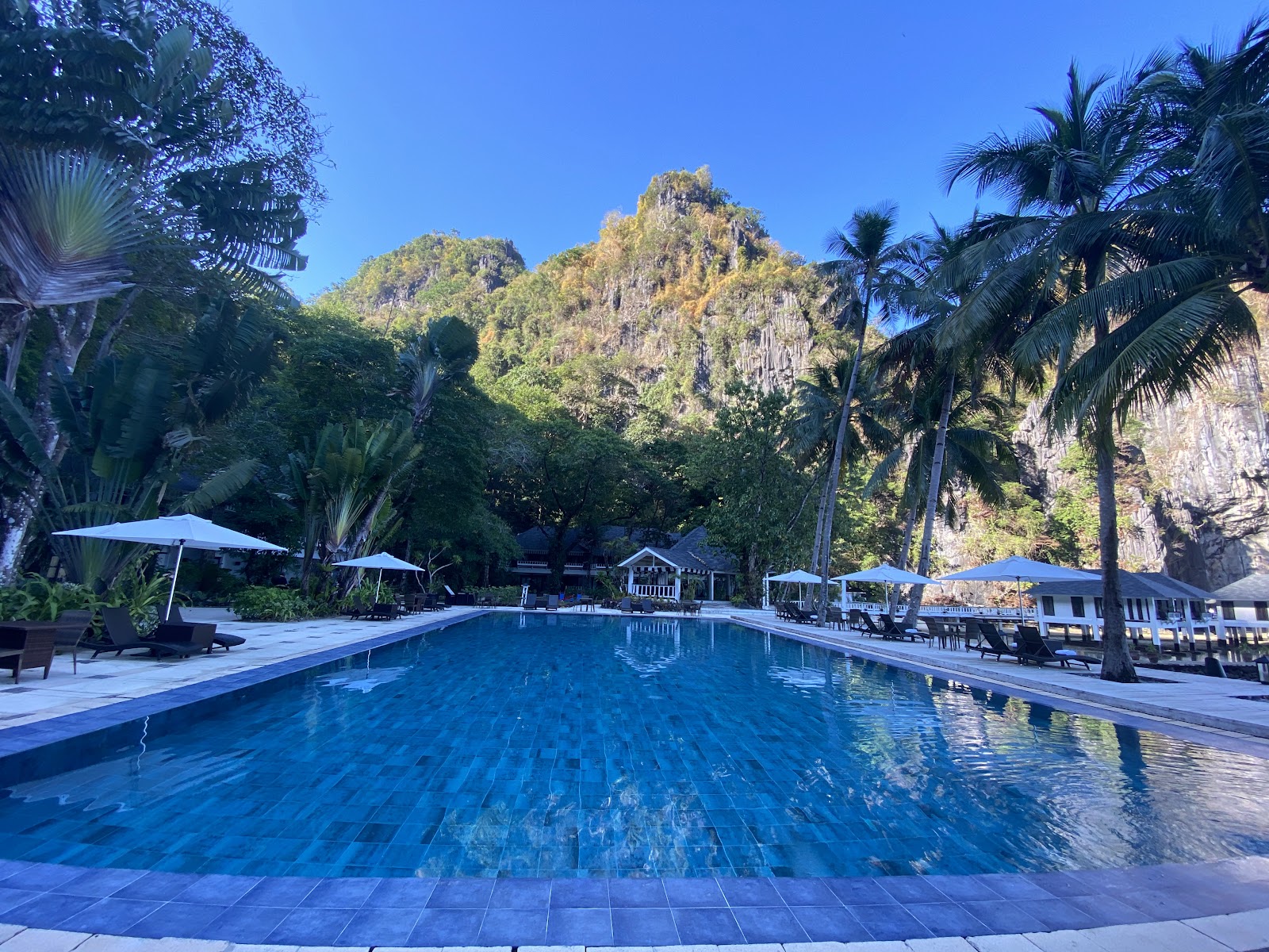Resort pool with limestone cliffs and palm trees rising behind it, lounge chairs and umbrellas lining the deck under clear sky.