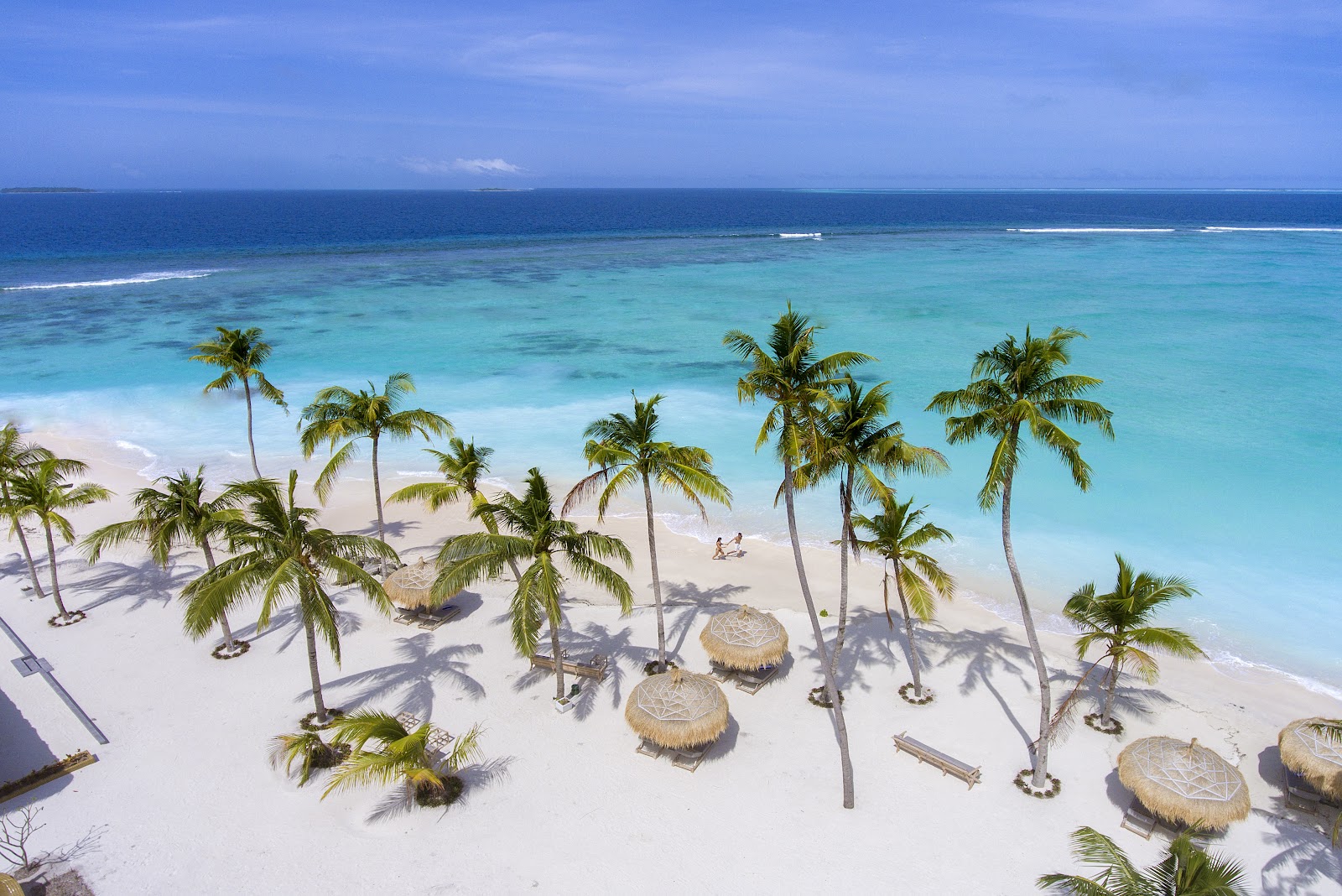 Aerial view of Emerald Maldives Resort & Spa's white sand beach with palm trees, thatched umbrellas, and turquoise lagoon waters.