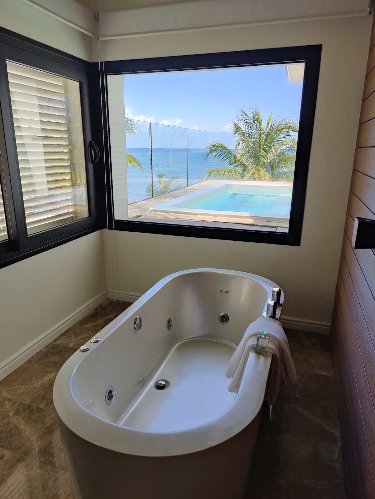 Soaking tub with ocean and pool views through large window at Excellence Oyster Bay, with palm trees and turquoise water visible beyond.