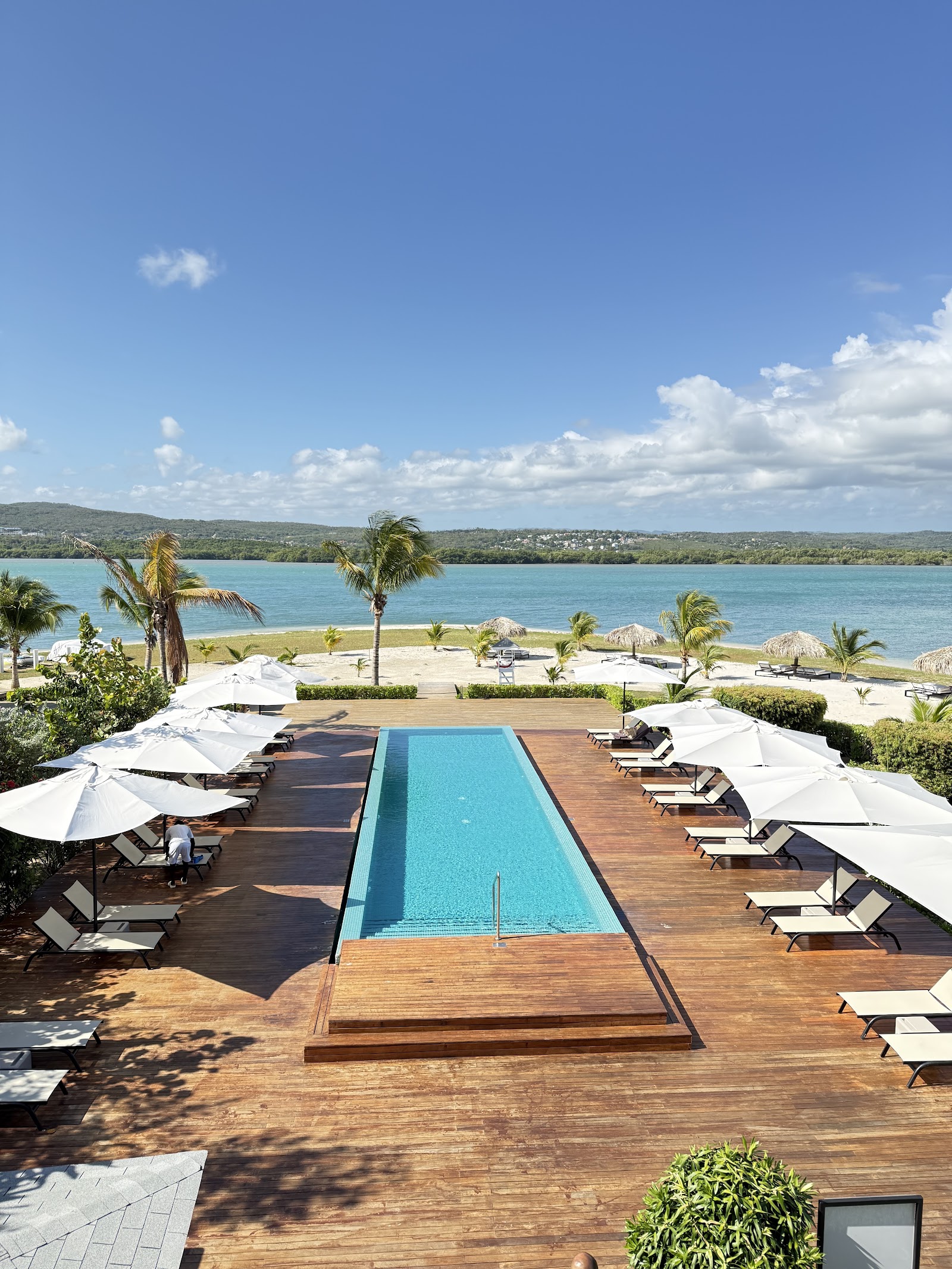 Long rectangular pool on wooden deck with lounge chairs and white umbrellas overlooking turquoise bay and palm-lined beach at Excellence Oyster Bay.