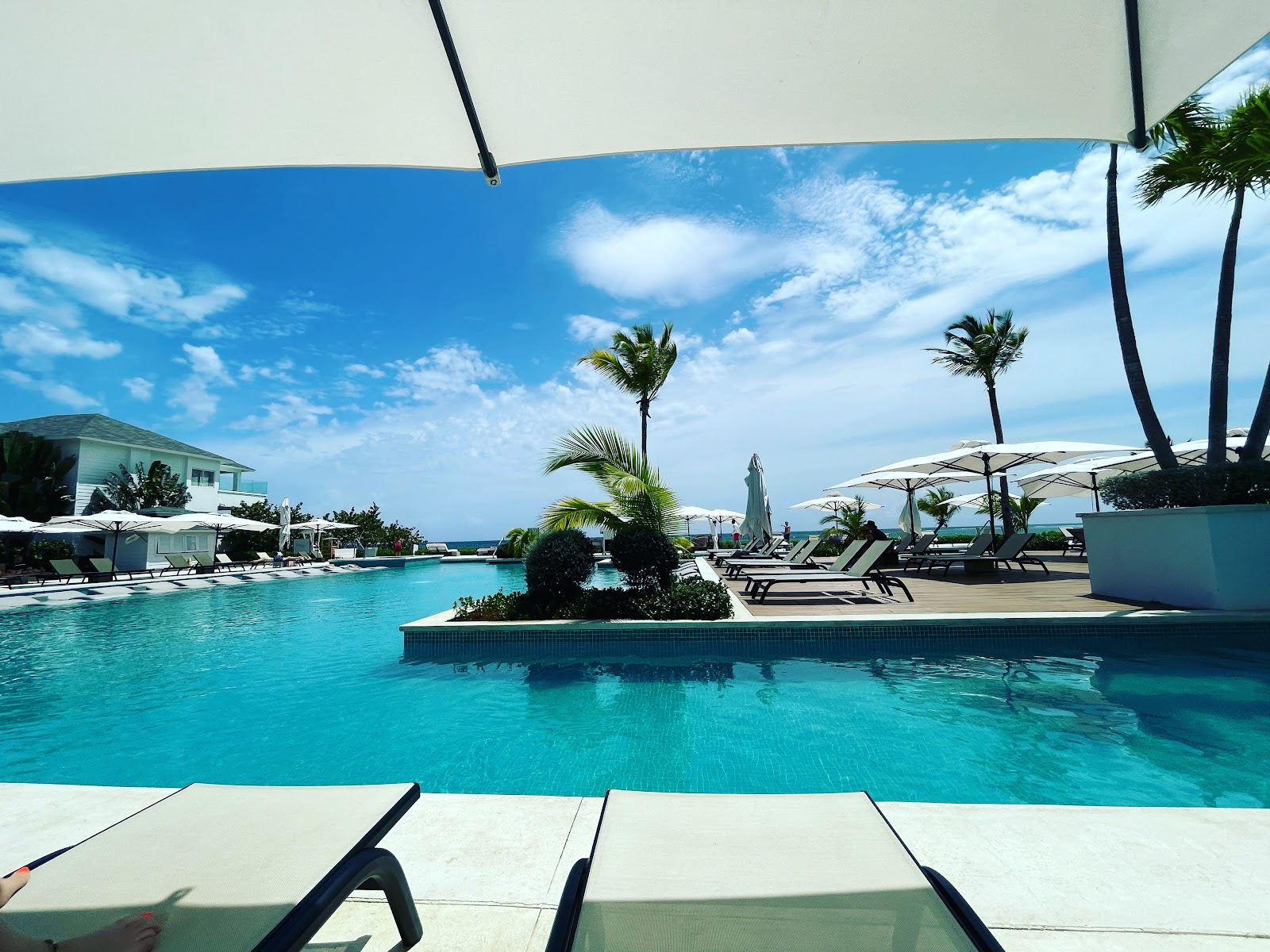 Turquoise pool with palm trees and island plantings, lounge chairs, white umbrellas, and ocean view beyond at Excellence Oyster Bay.