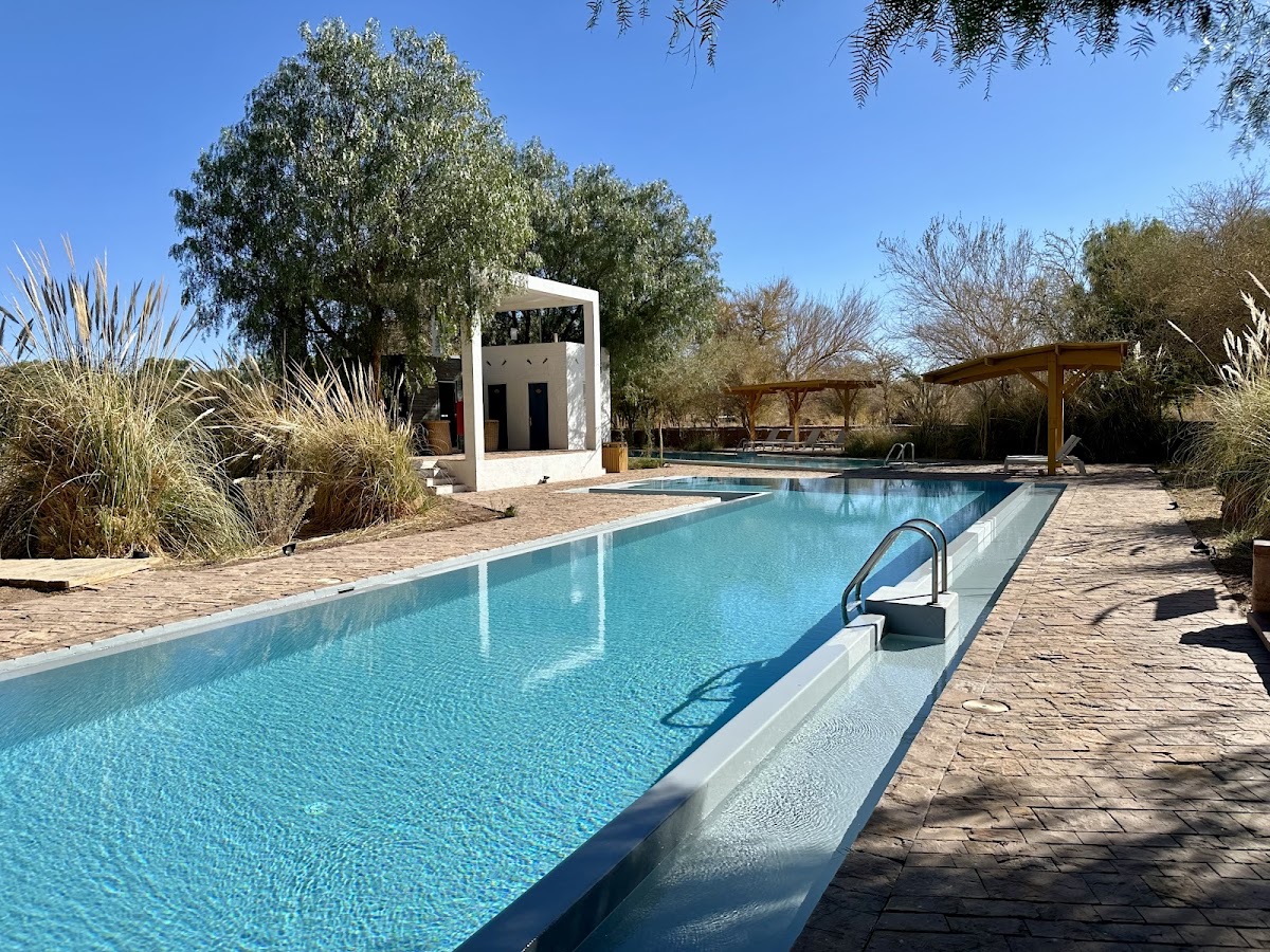 Rectangular lap pool with turquoise water, white-walled bathhouse, and wooden pergola surrounded by desert vegetation under clear blue sky at Explora Atacama.