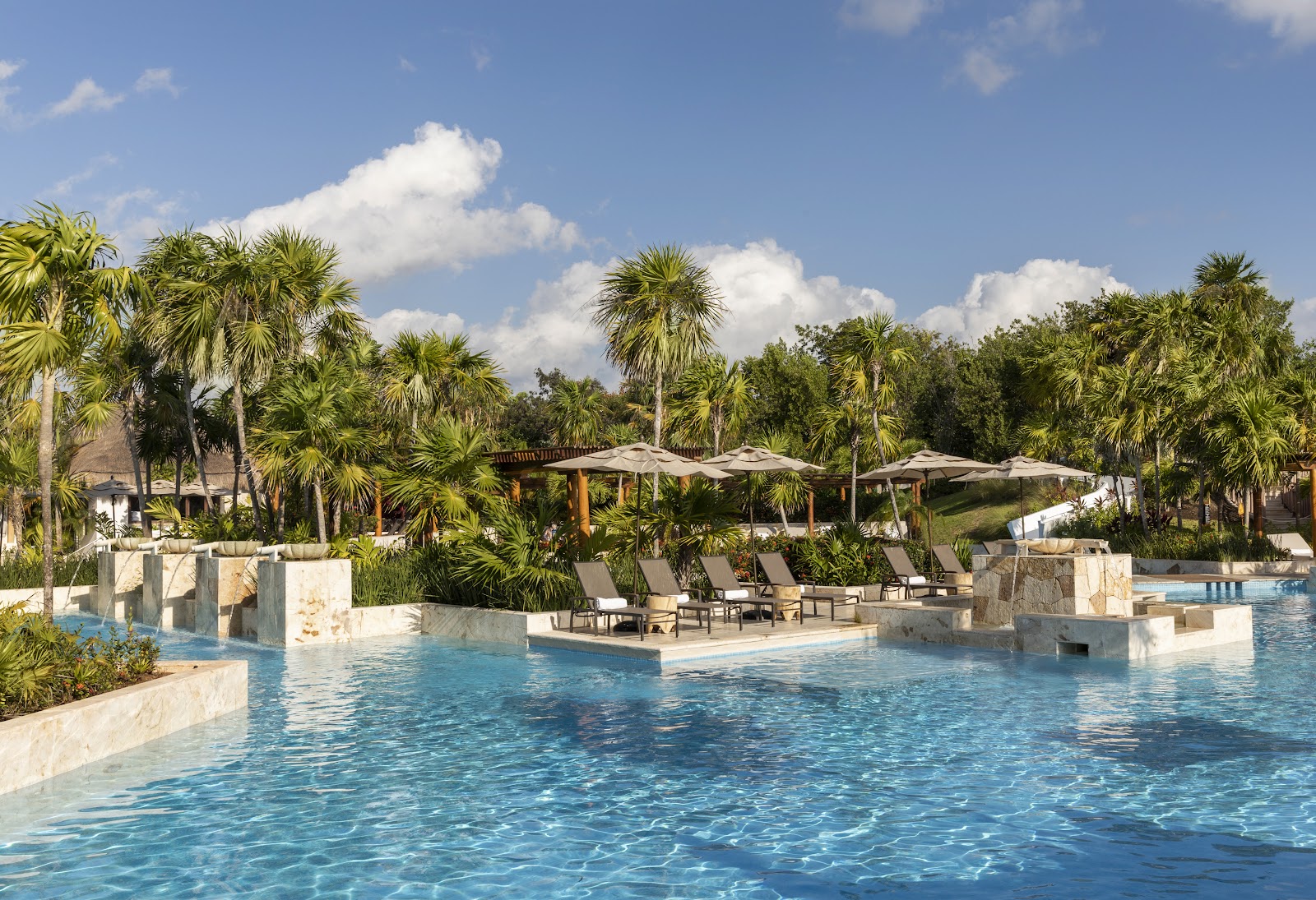 Resort pool with pale stone edges and lounge chairs beneath umbrellas, surrounded by tall palm trees and blue sky with white clouds.