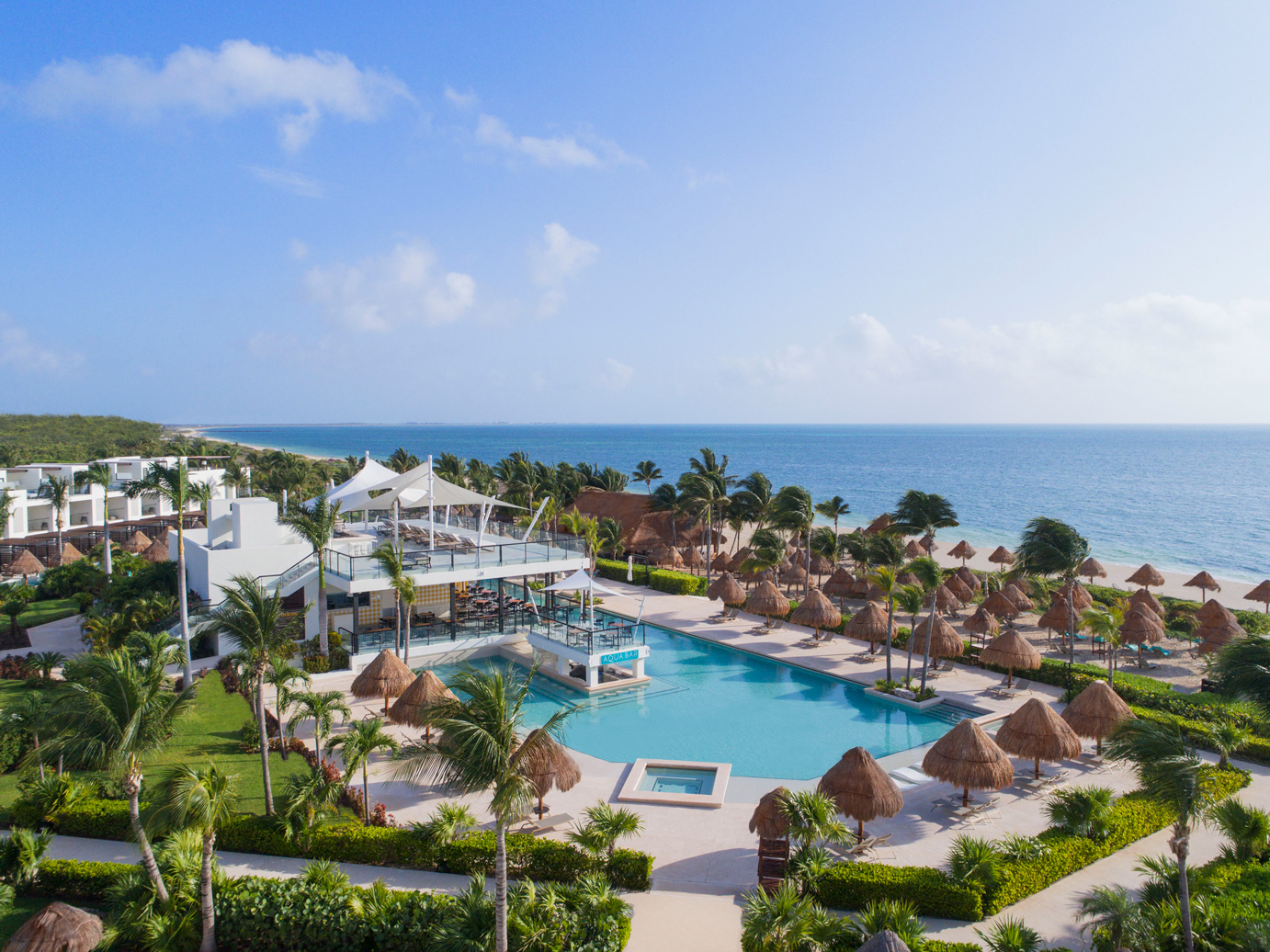 Finest Playa Mujeres resort overlooks a turquoise pool, beach with thatched palapas, palm trees, and Caribbean Sea under blue sky.