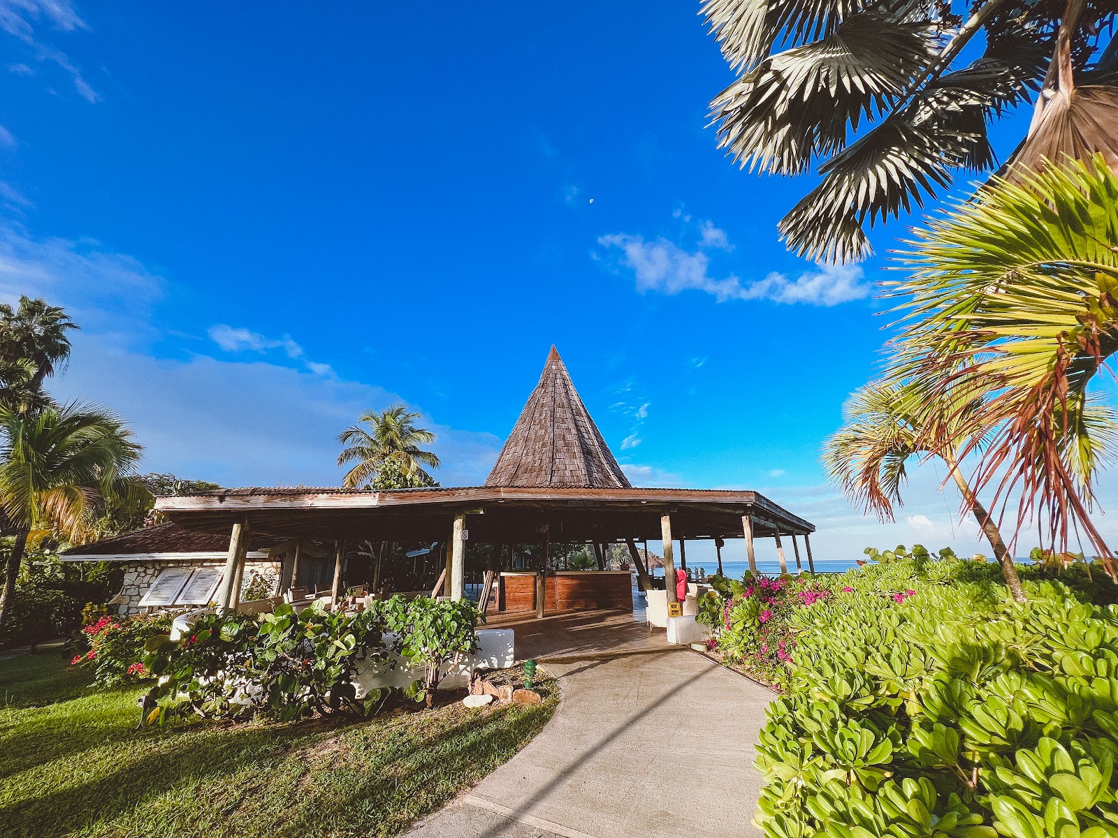Thatched-roof bar and restaurant with conical peak at Galley Bay Resort overlooking the ocean, framed by palm trees and tropical vegetation.