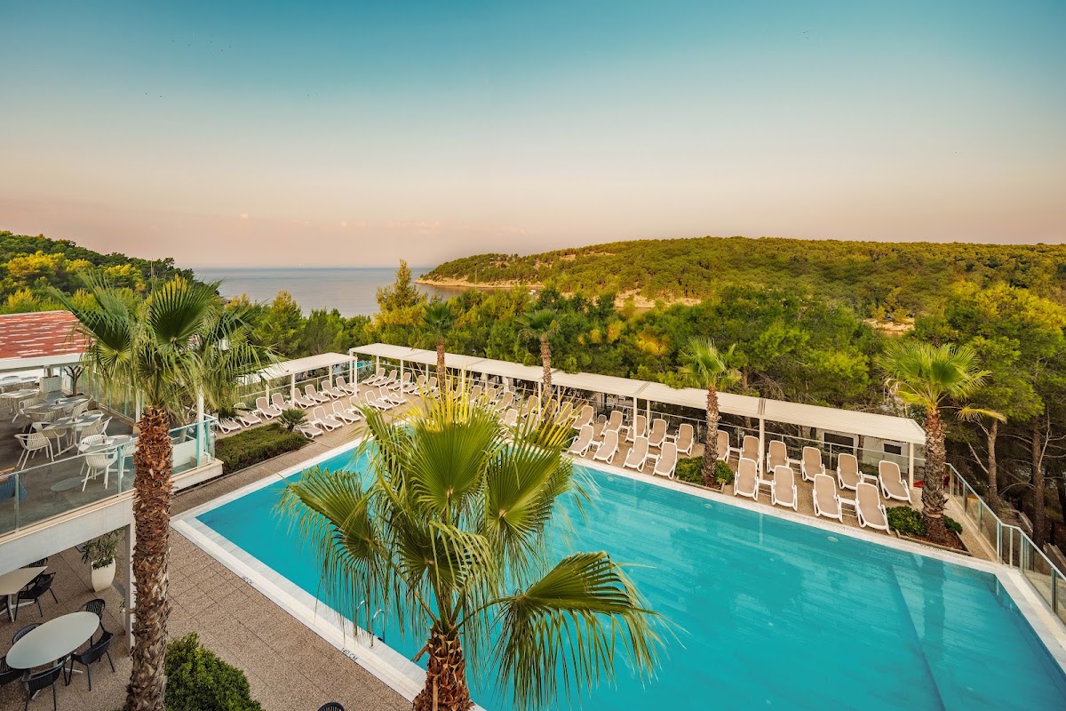 Resort pool with palm trees and shaded lounge chairs overlooking forested coastline and calm sea at sunset.