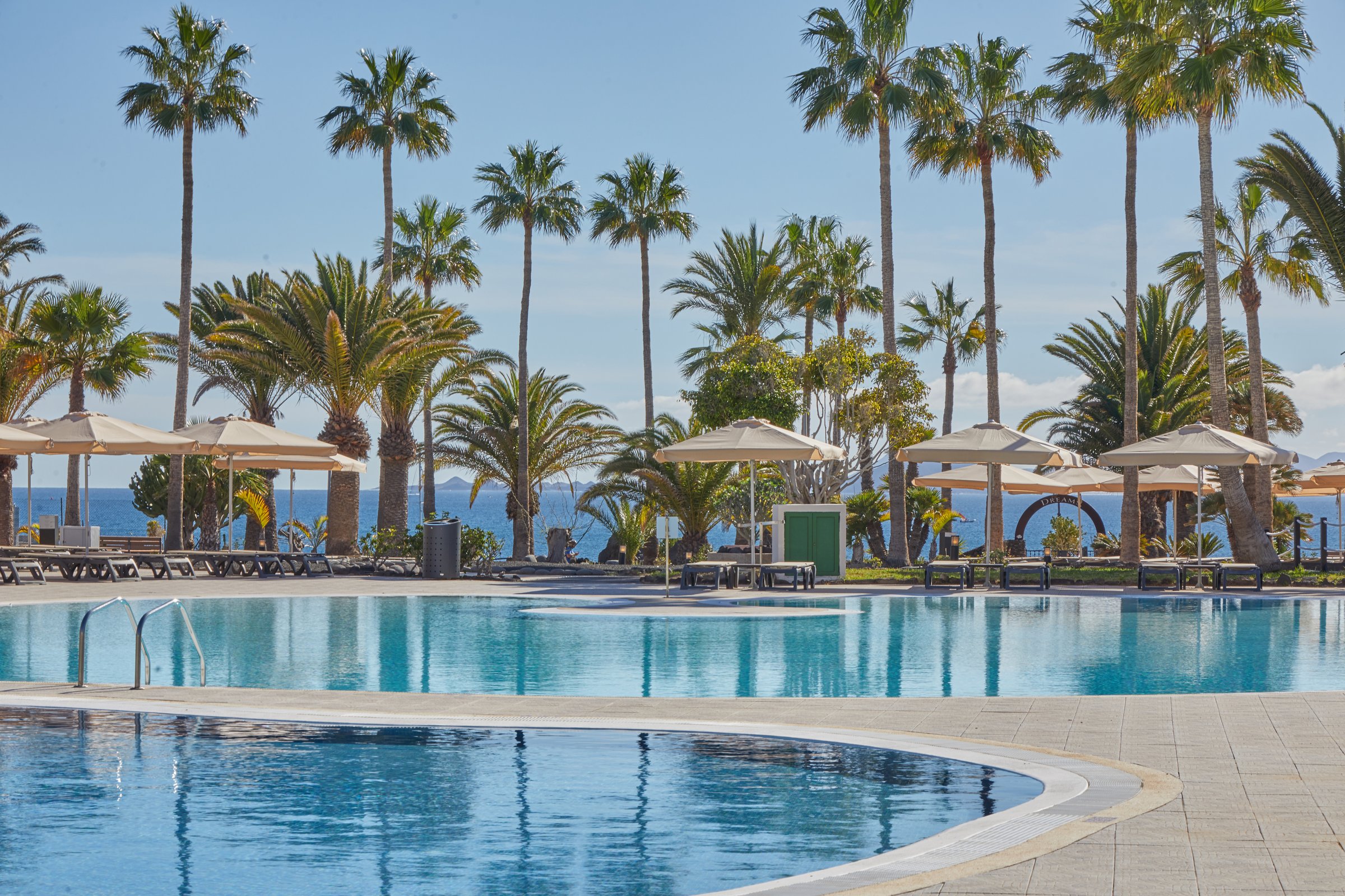 Azure Bay pool with palm trees and ocean beyond