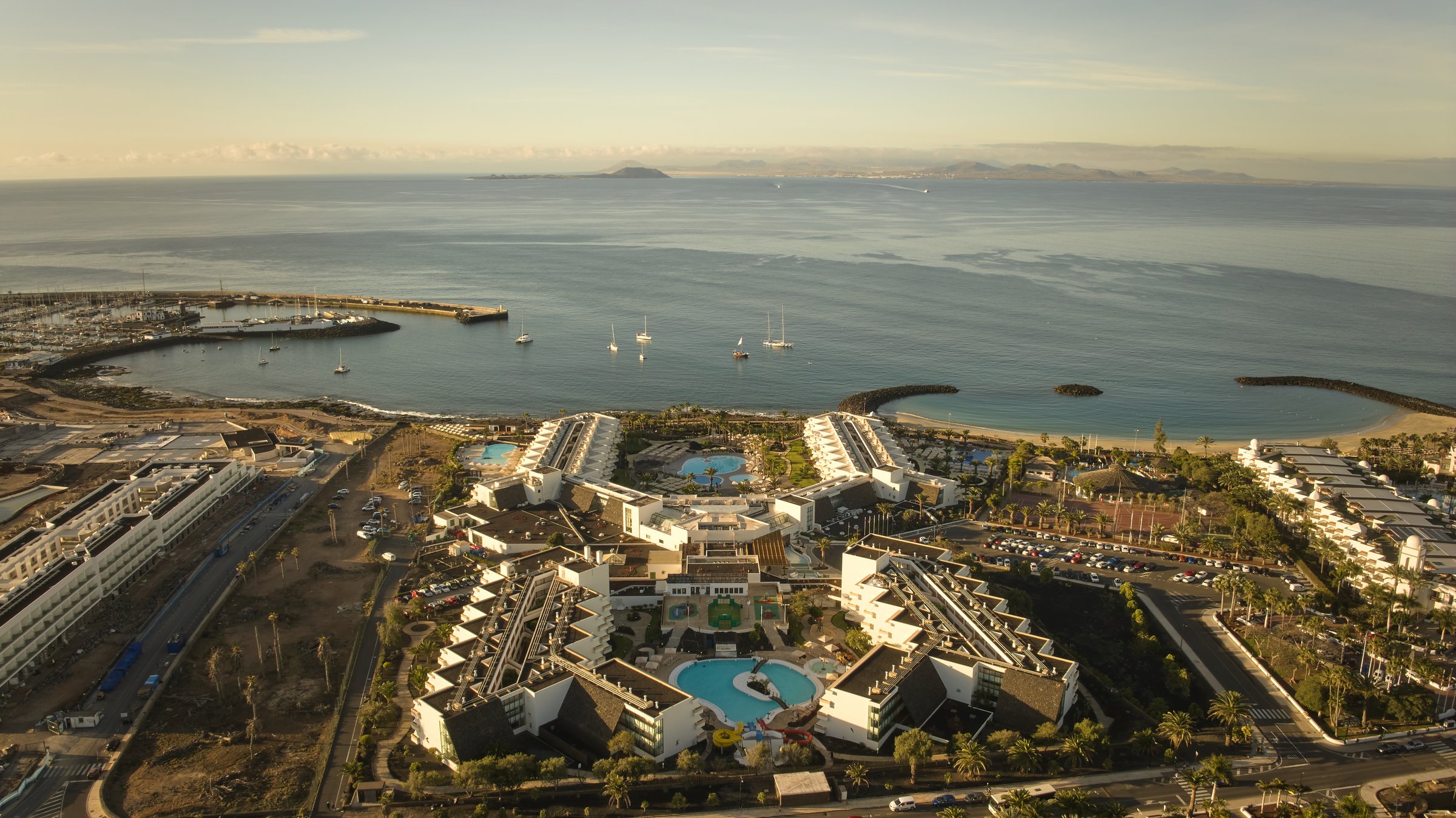Aerial view of the resort, marina and coastline