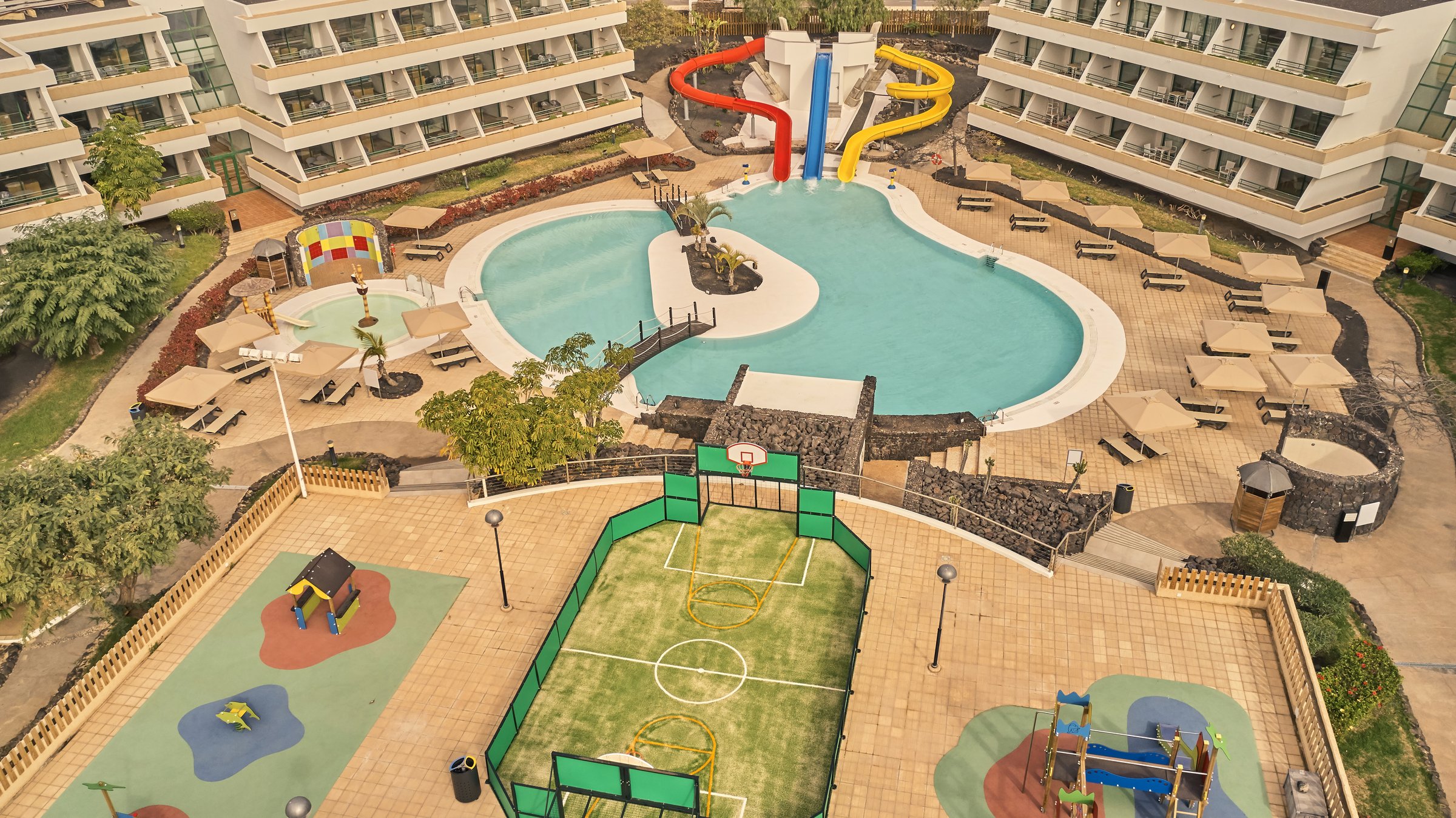 Aerial view of the Splash Cove water park and play areas