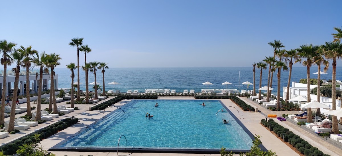 Rectangular pool with swimmers overlooking the Mediterranean Sea, flanked by palm trees and white umbrellas at Grecotel LUXME White.