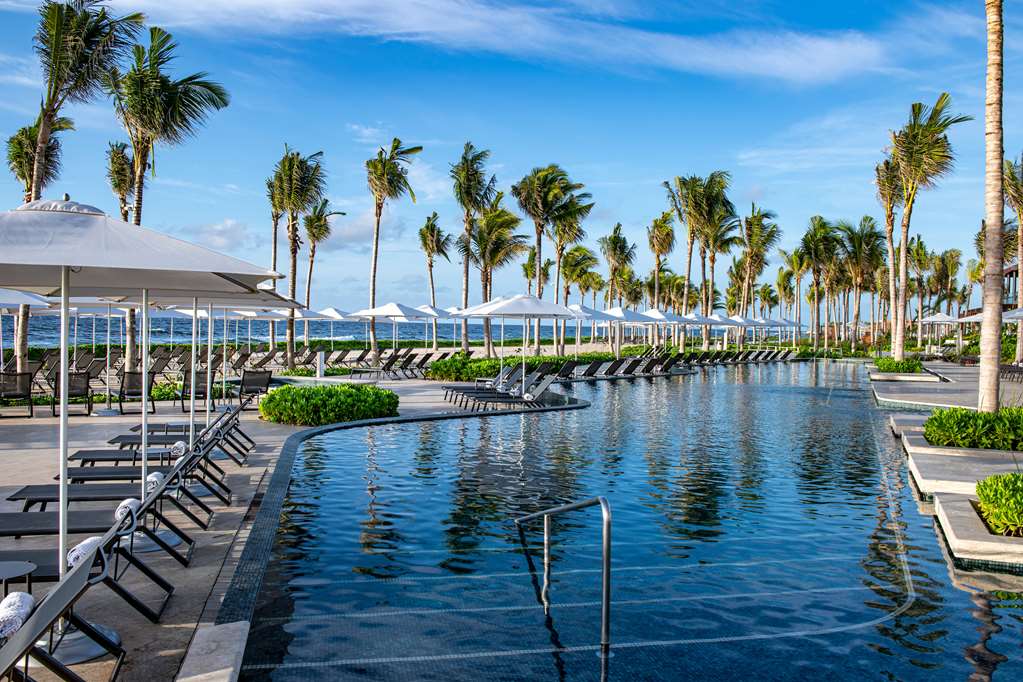 Hilton Tulum Riviera Maya's infinity pool lined with loungers and white umbrellas, flanked by tall palm trees under blue sky.